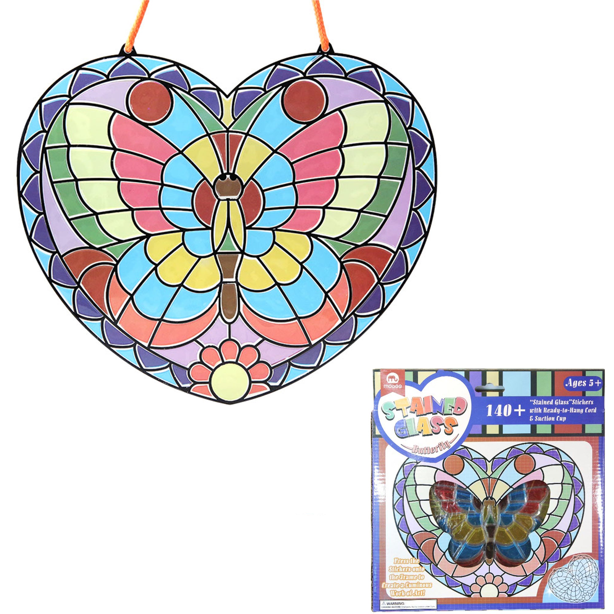 Bosonshop Peel and Press Stained Glass Stickers 140+ Butterfly with Ready-to-Hang Cord and Suction Cup