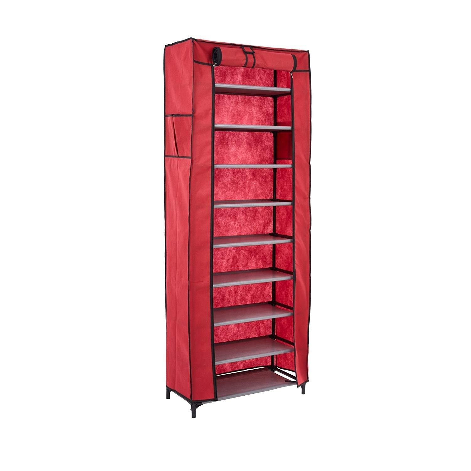 Bosonshop 10 Tiers Shoe Rack with Dustproof Cover Shoes Storage Cabinet Boot Organizer Red