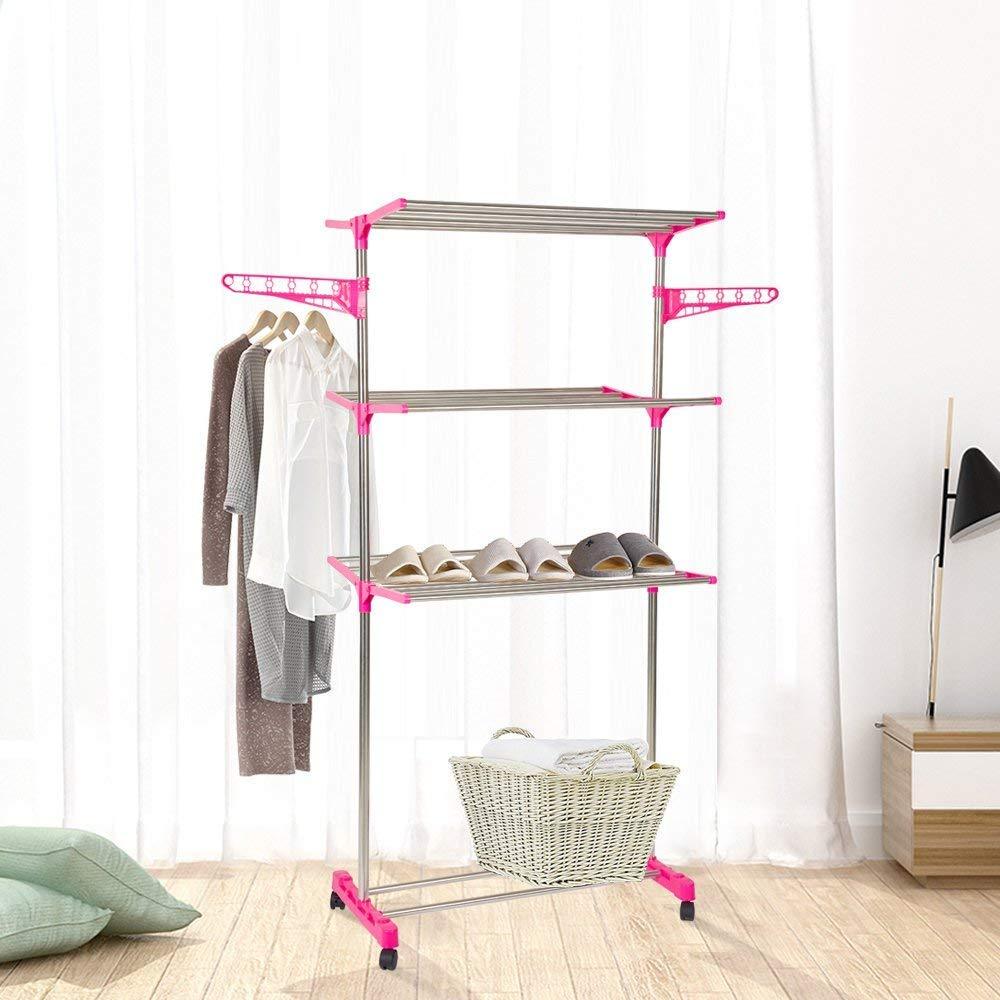 Bosonshop 3-Tier Foldable Rolling Clothes Drying Rack Stainless Steel Garment Rack with Wheels