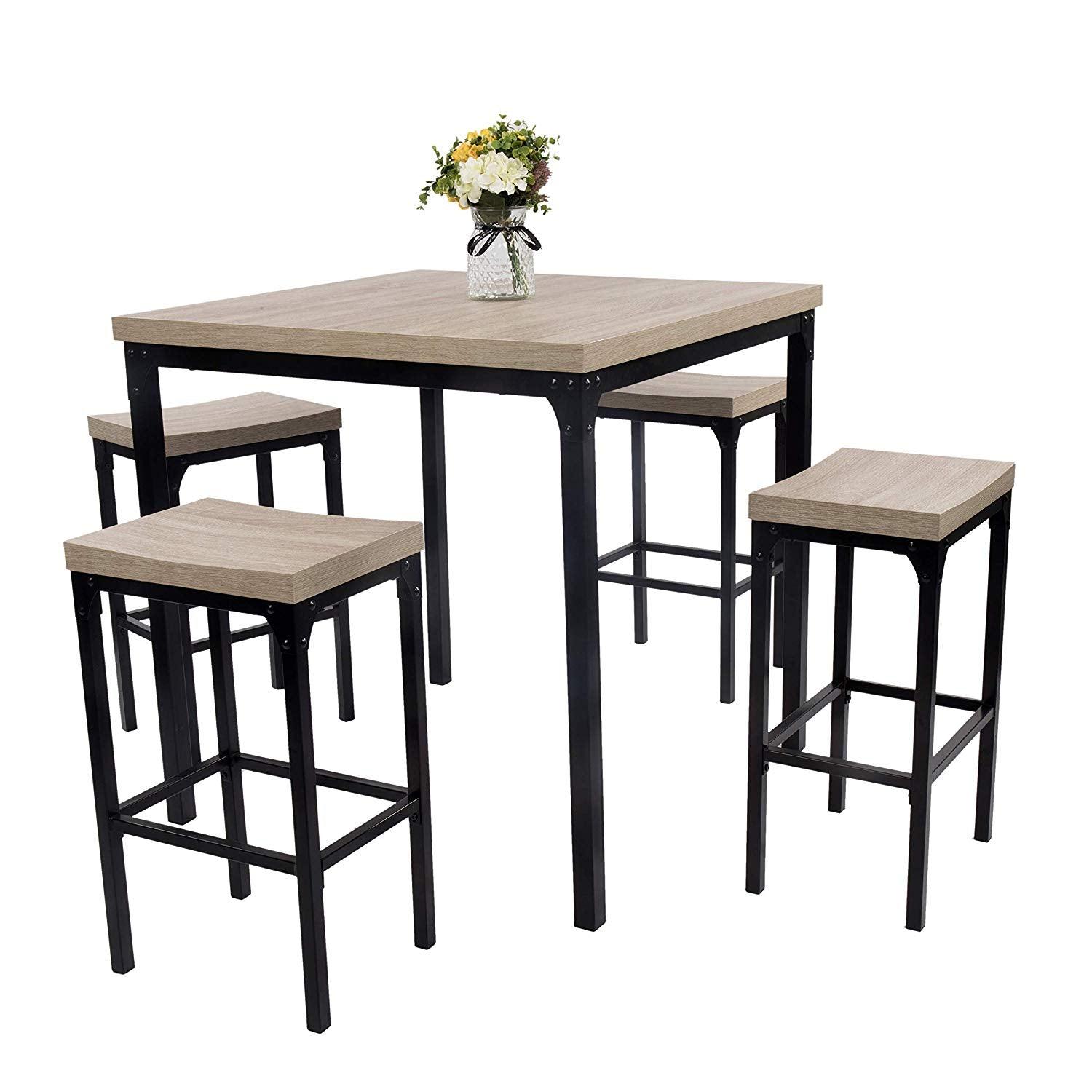 Bosonshop 5-Piece Counter Height Square Dining Set Wooden Country Style with Metal Legs White