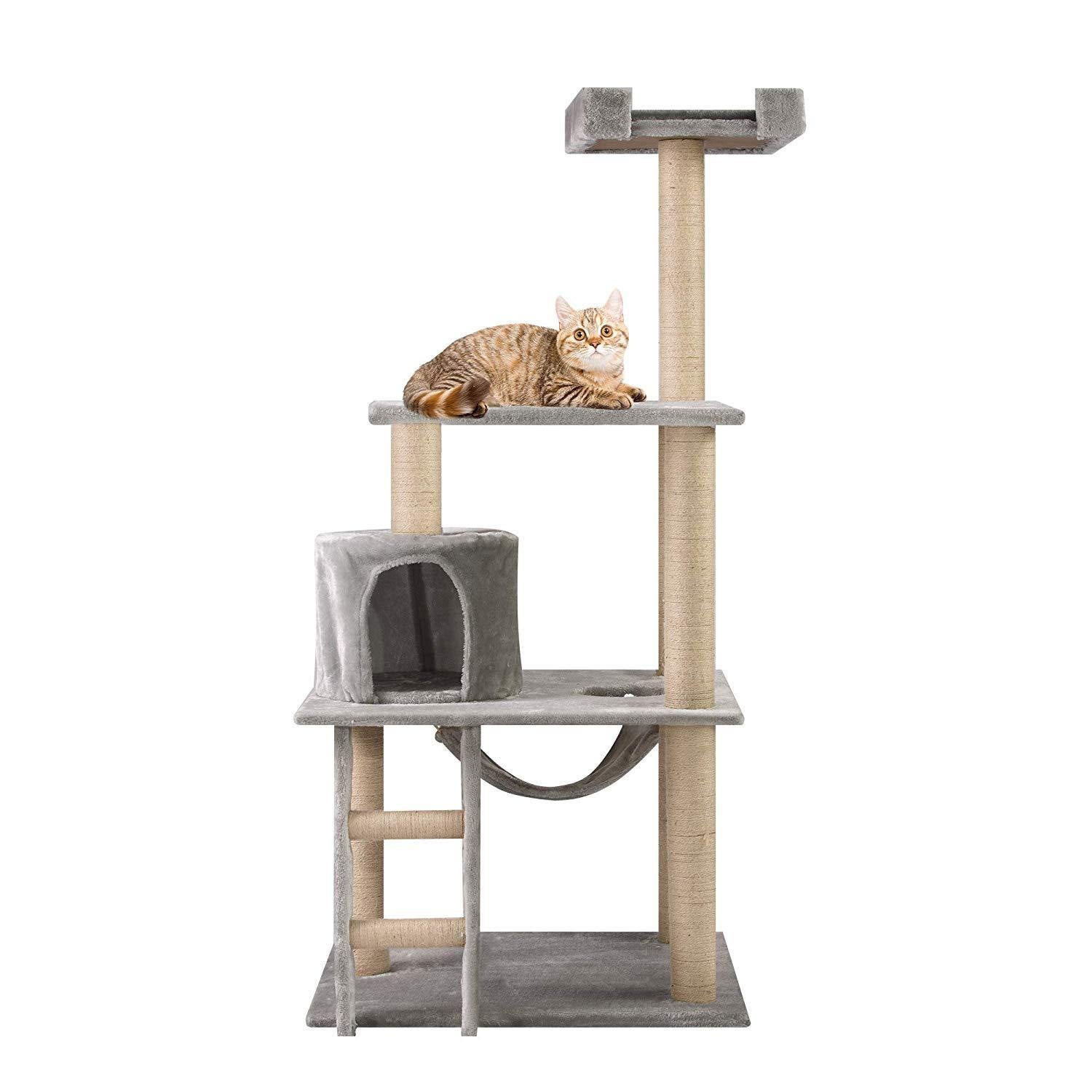 43.3" Plush Sturdy Interactive Cat Condo Tower Scratching Post Activity Tree House - Grey - Bosonshop