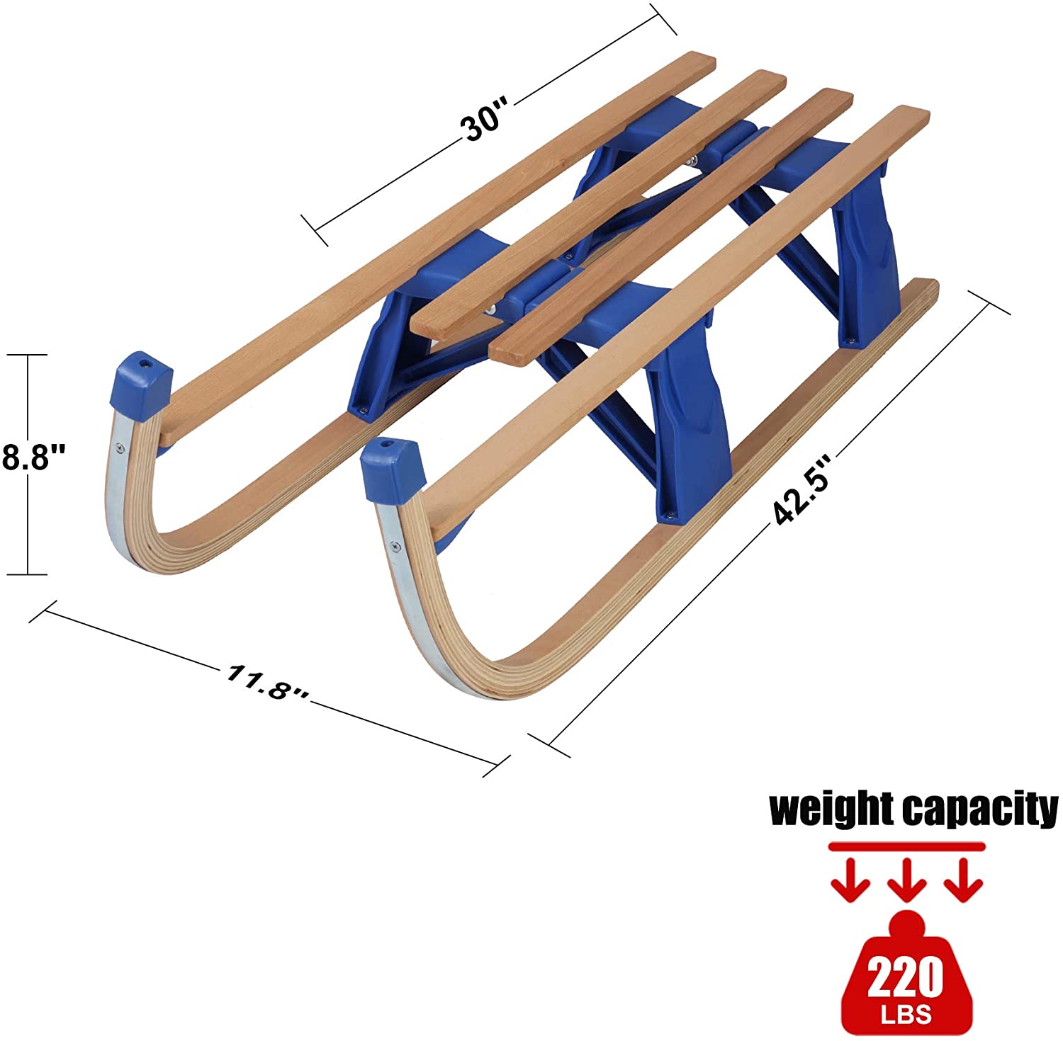 Sled Wooden Foldable For Kids And Adult Outdoor Play With A Pulling Rope 42 inch Weight Capacity, 220lbs