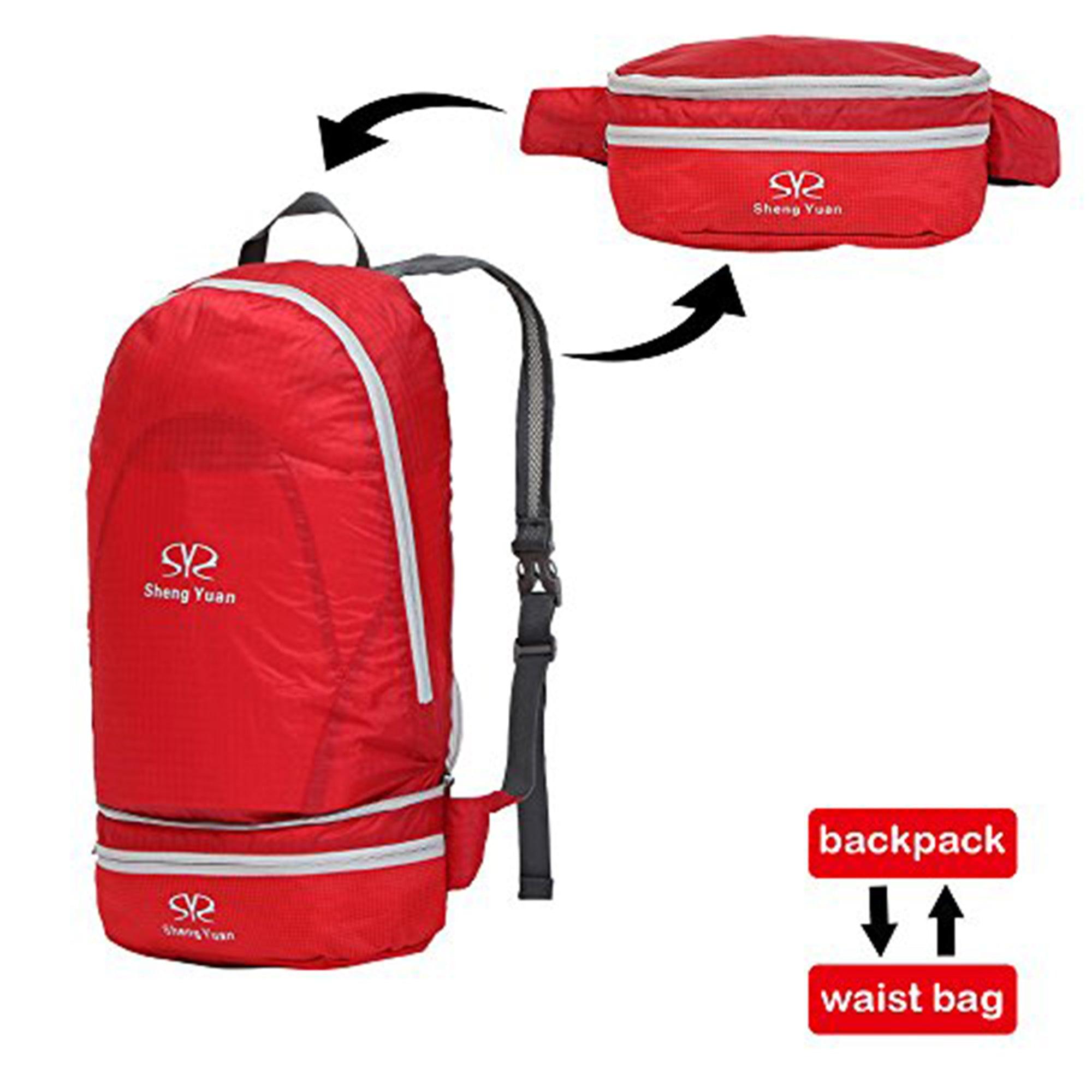 Foldable Hiking Backpack Lightweight Travel Outdoor Camping Daypack with a Waist Bag Pack, Red - Bosonshop