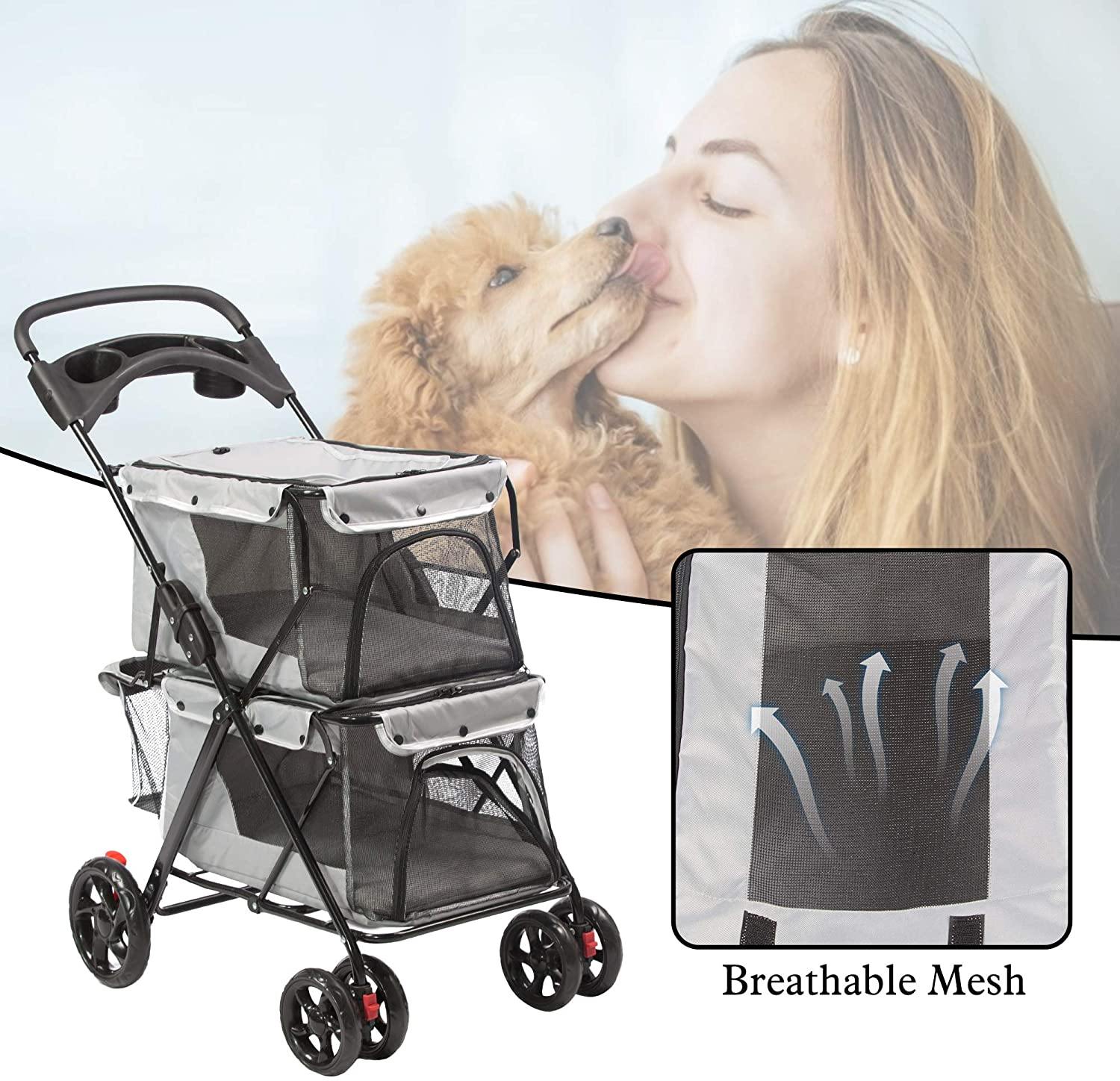 Folding Premium Double Dog & Cat Stroller Pet Stroller With Travel Carrier Cage, Grey - Bosonshop