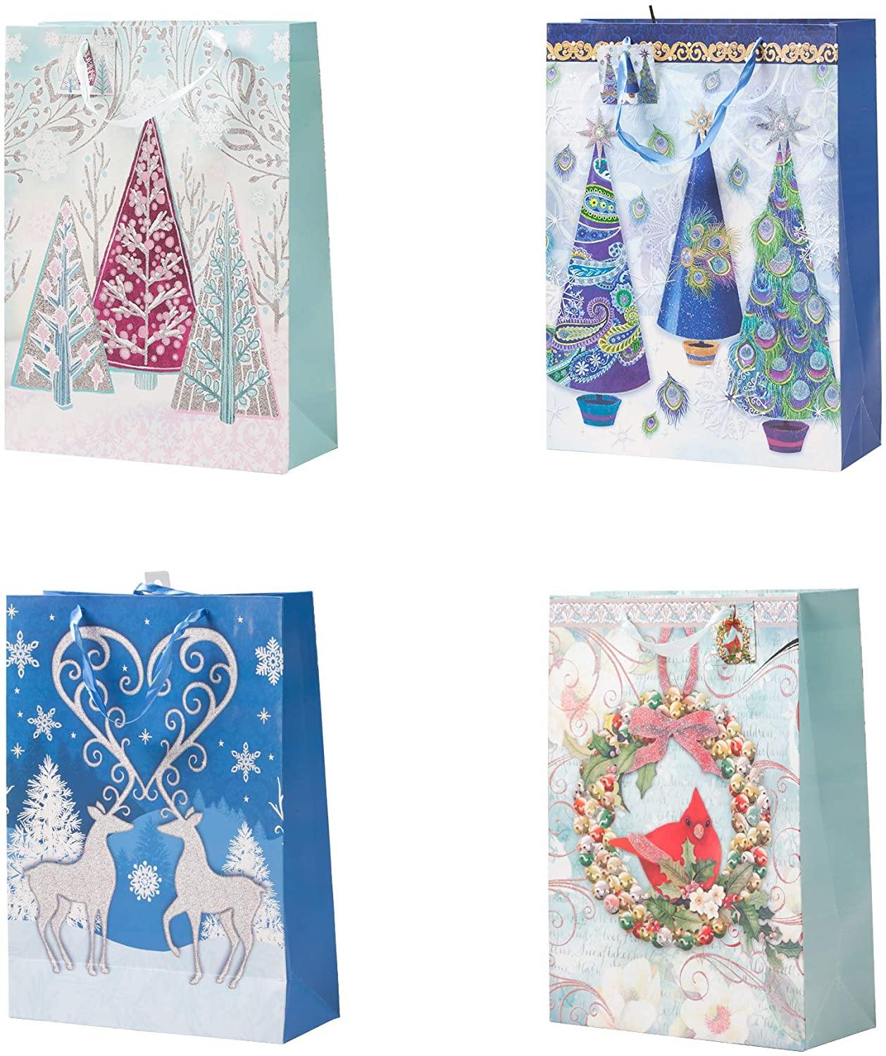 12 Pack Assorted Christmas Gift Bags with Small Medium Large Size, 4 Xmas Pattern Holiday Gift Bags with Tissue Paper, Blue with Glitter - Bosonshop
