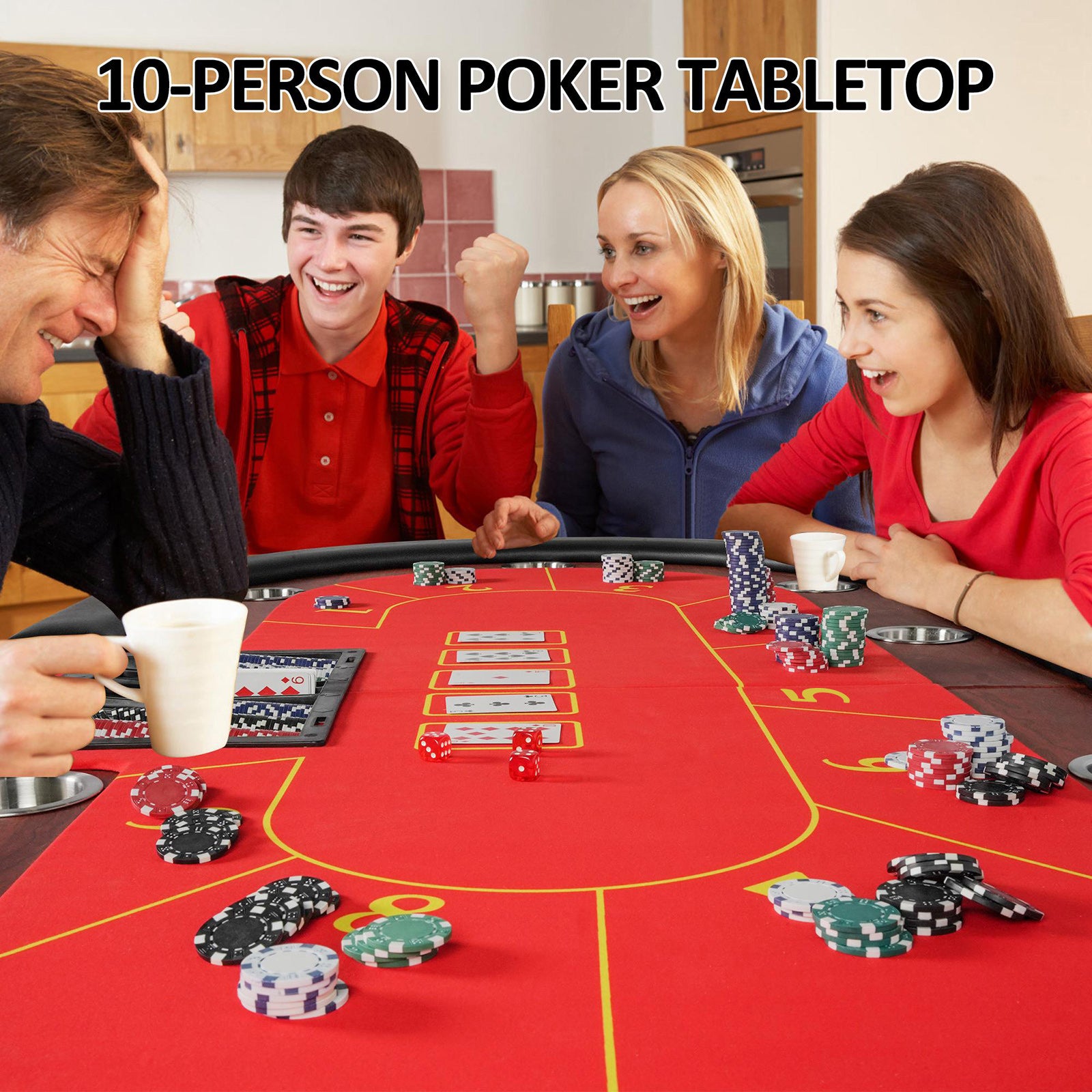 10 Players Foldable Poker Texas Holdem Table with Stainless Steel Cup Holders Padded Rails, Red