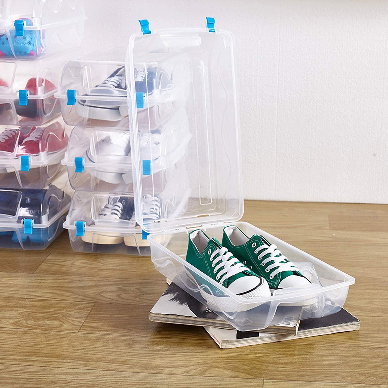 Bosonshop 8 PCS Shoes Box Set Clear Plastic Storage Shoes Case Holder with Locker (blue)