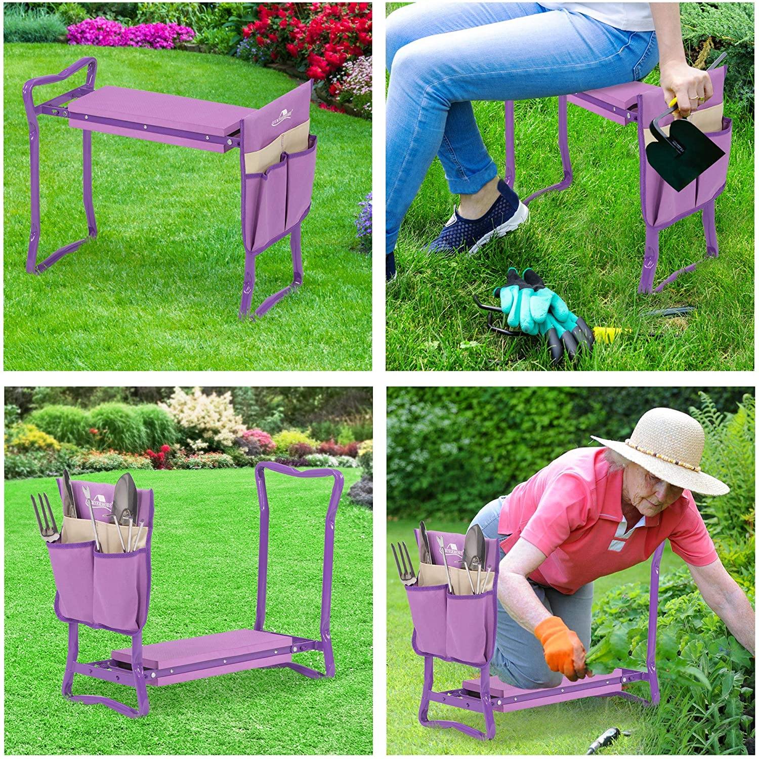 Garden Kneeler and Seat Folding Kneeling Bench Stool with Tool Pouches Soft EVA Foam for Gardening, Purple - Bosonshop