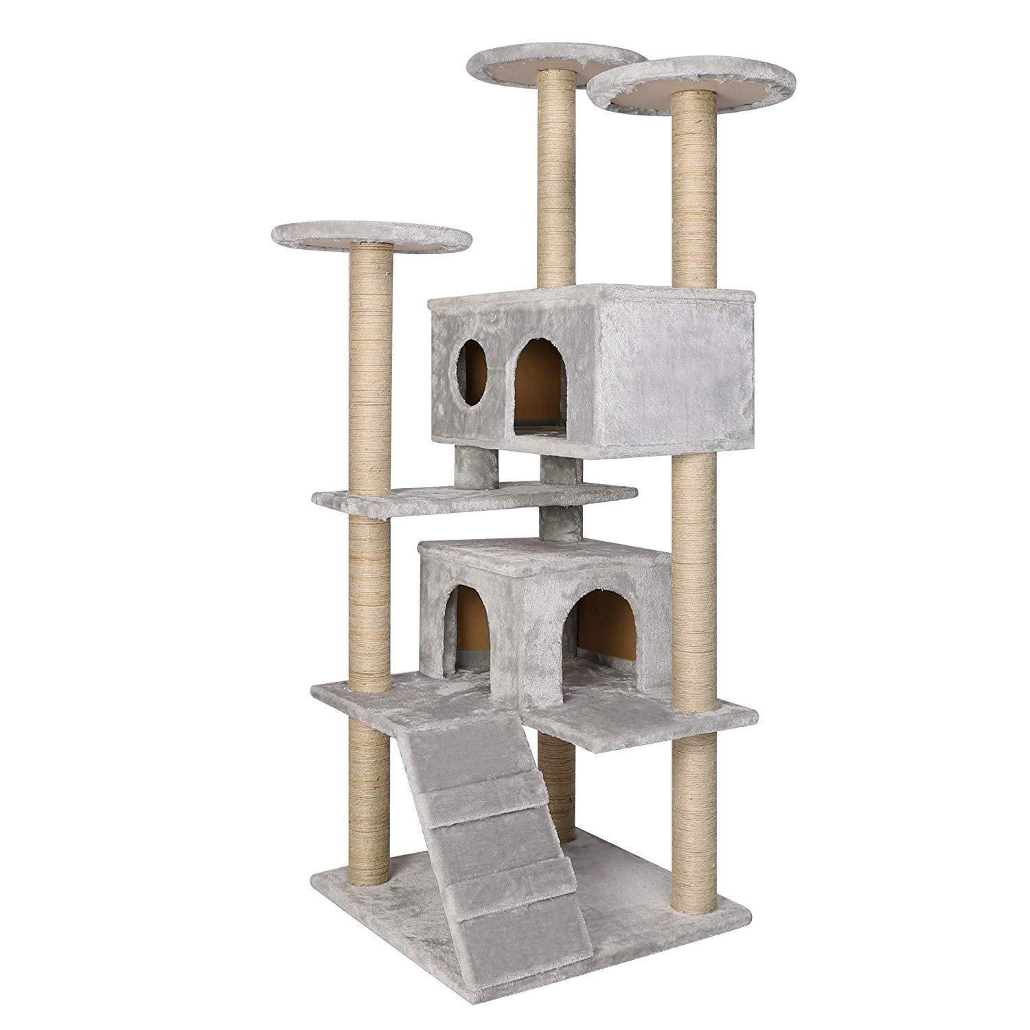 53.9" Cat Tower Scratching Post Activity Tree House - Grey - Bosonshop