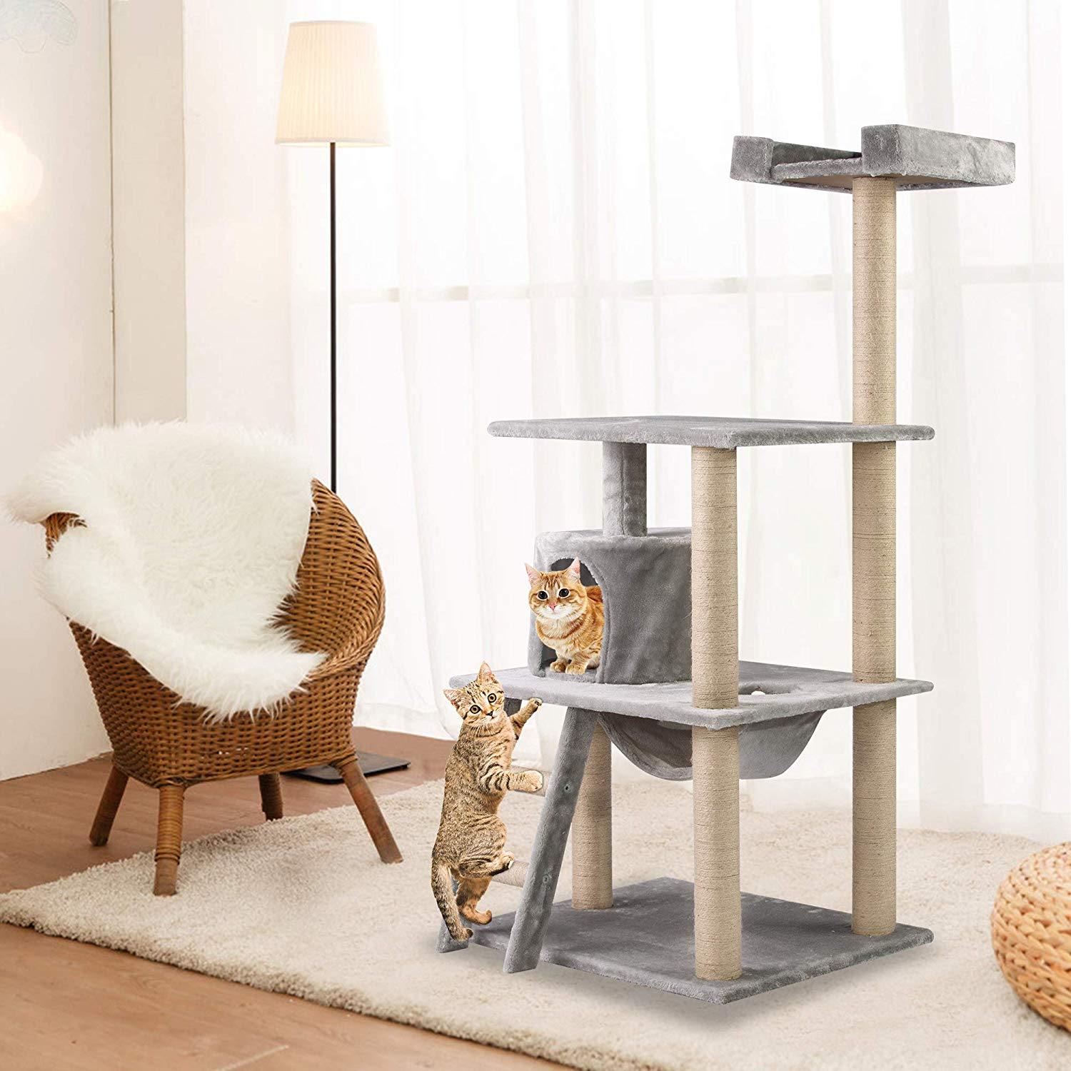 43.3" Plush Sturdy Interactive Cat Condo Tower Scratching Post Activity Tree House - Grey - Bosonshop