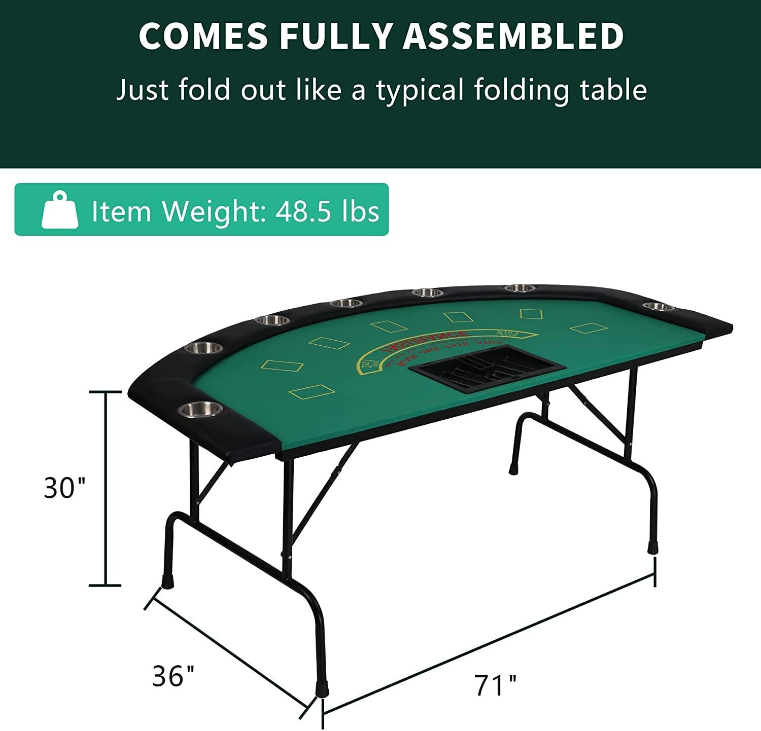 7 Player Blackjack Table with Folding Legs 71'' Casino Game Table Removable Metal Cup Holder Green Felt - Bosonshop