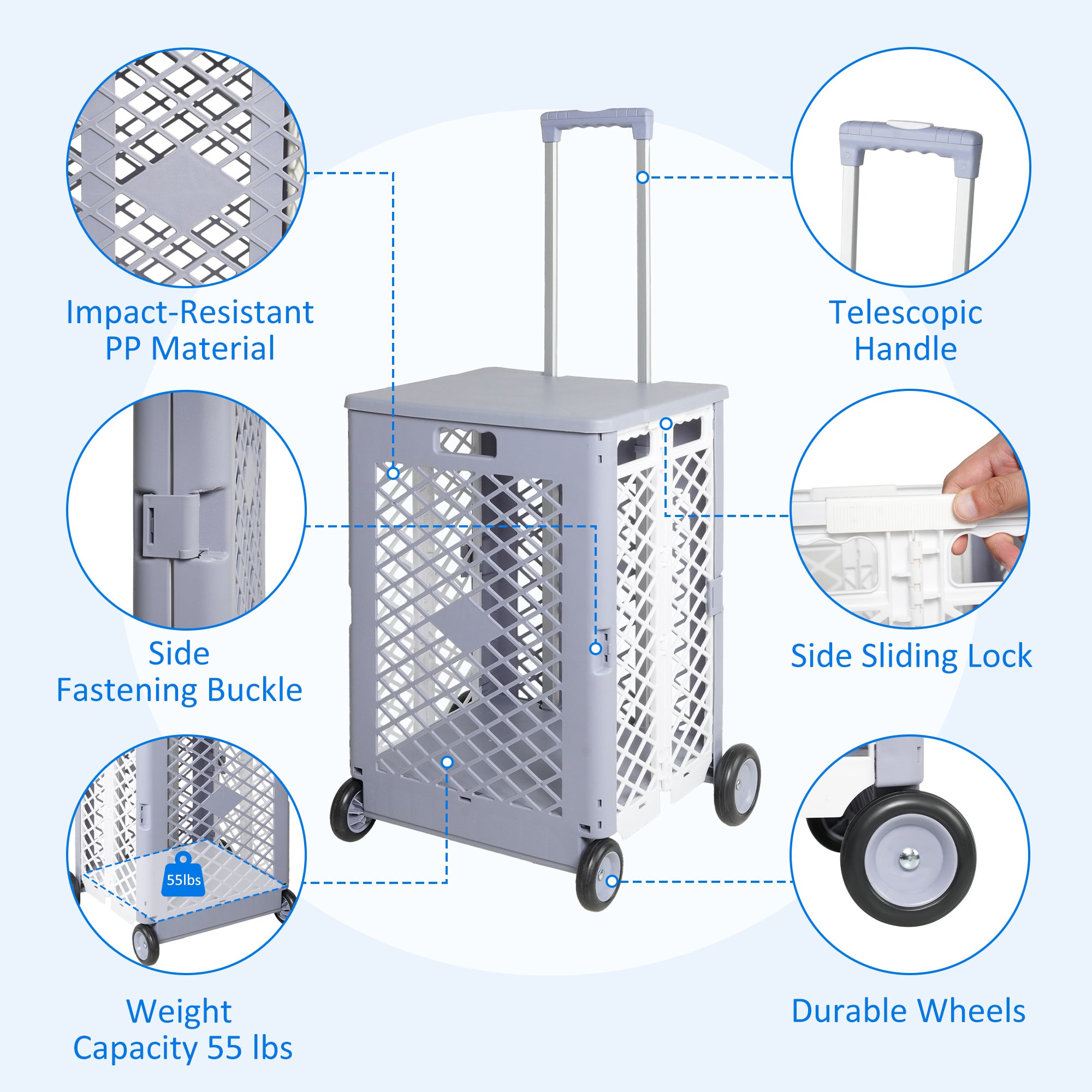 55L Foldable Mesh Rolling Cart with Wheels Utility Tools Rolling Crate w/ Telescopic Handle, Gray
