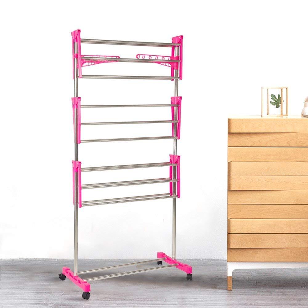 3Tier Foldable Rolling Clothes Drying Rack Stainless Steel Garment