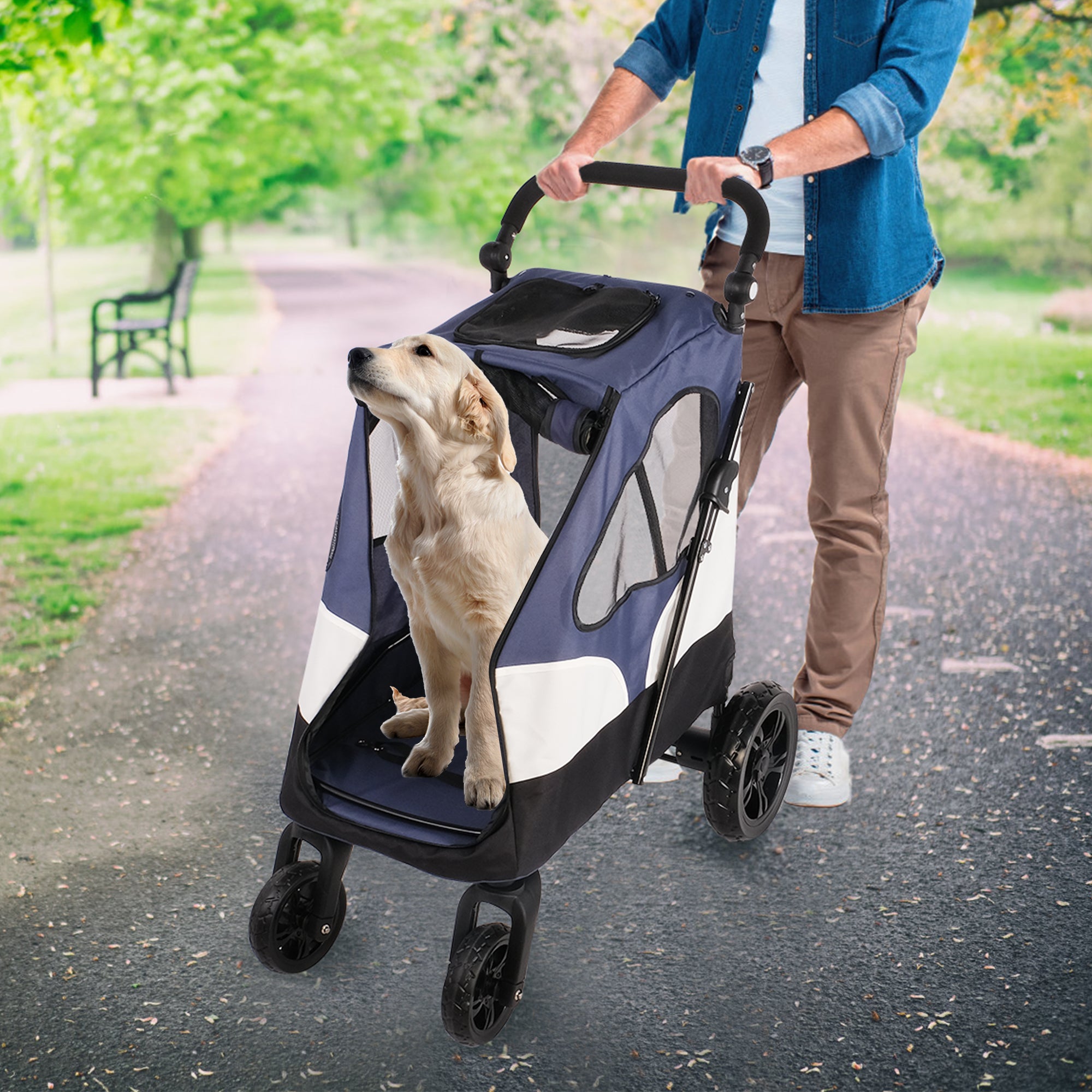 Foldable Travel Dog Stroller Pet Gear Stroller with Adjustable Handle & Mesh Window, Blue