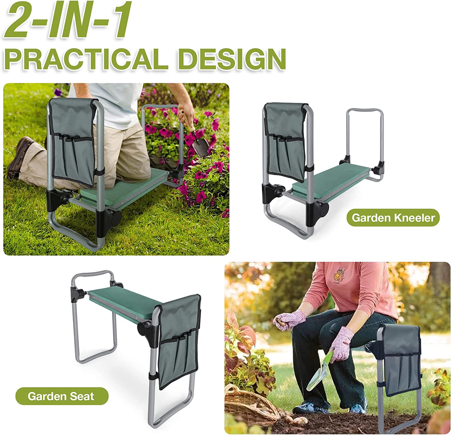 Garden Kneeler Seat Button Folding Gardening Bench with EVA Foam Kneeling Pad & Pouch