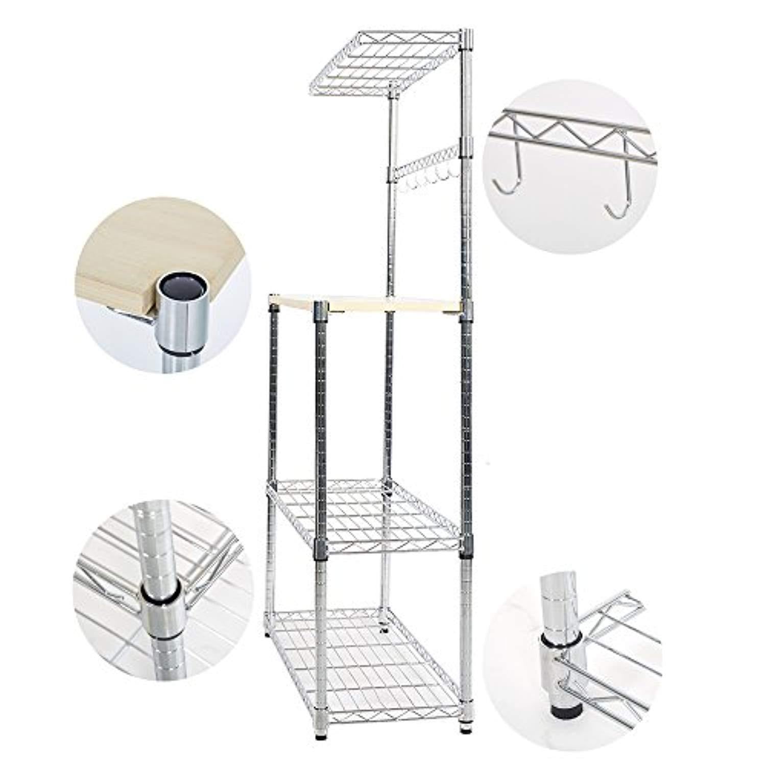 Bosonshop 4 Tier Baker's Rack Microwave Shelf,Kitchen Storage Free Standing Workstation with 6 hooks