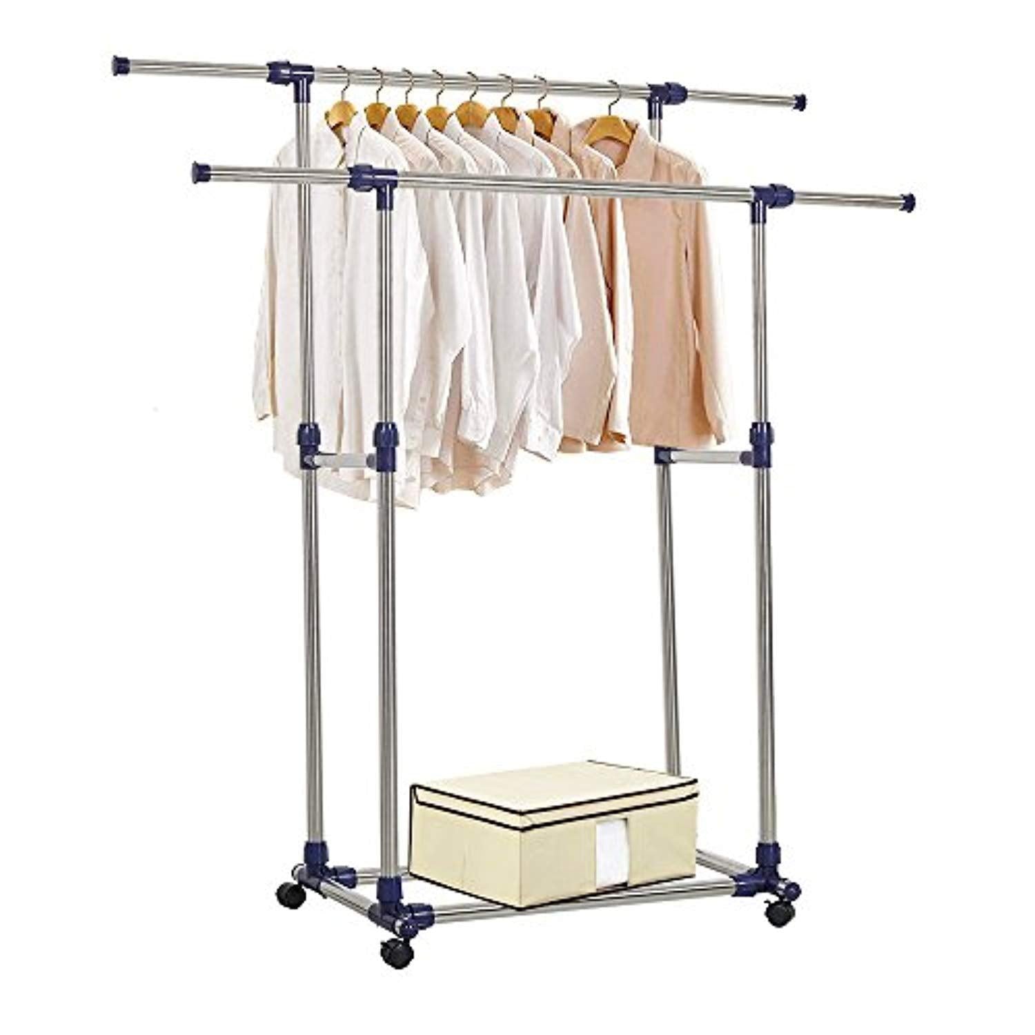 Bosonshop Adjustable Rolling Heavy Duty Garment Rack Double Rail Clothes Rack with Wheels