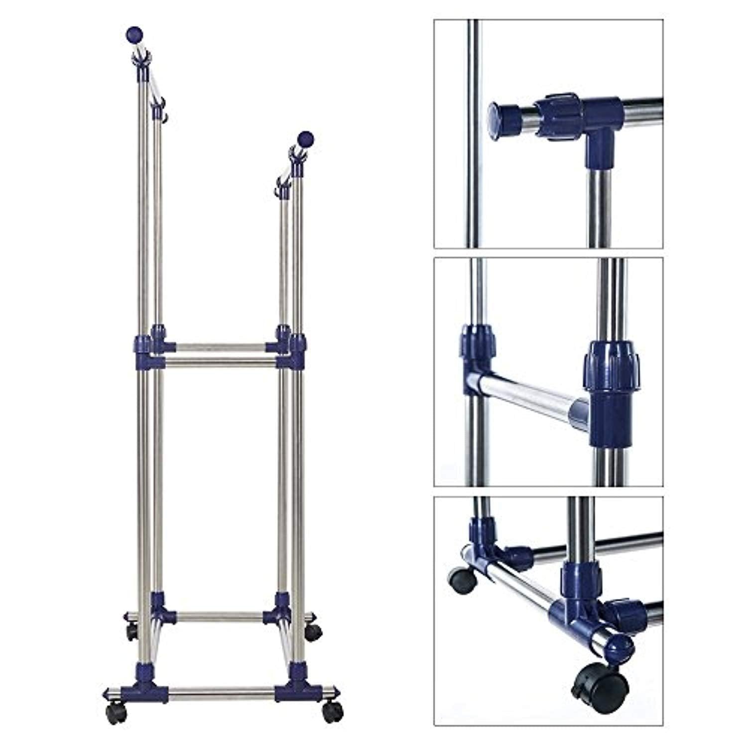 Bosonshop Adjustable Rolling Heavy Duty Garment Rack Double Rail Clothes Rack with Wheels