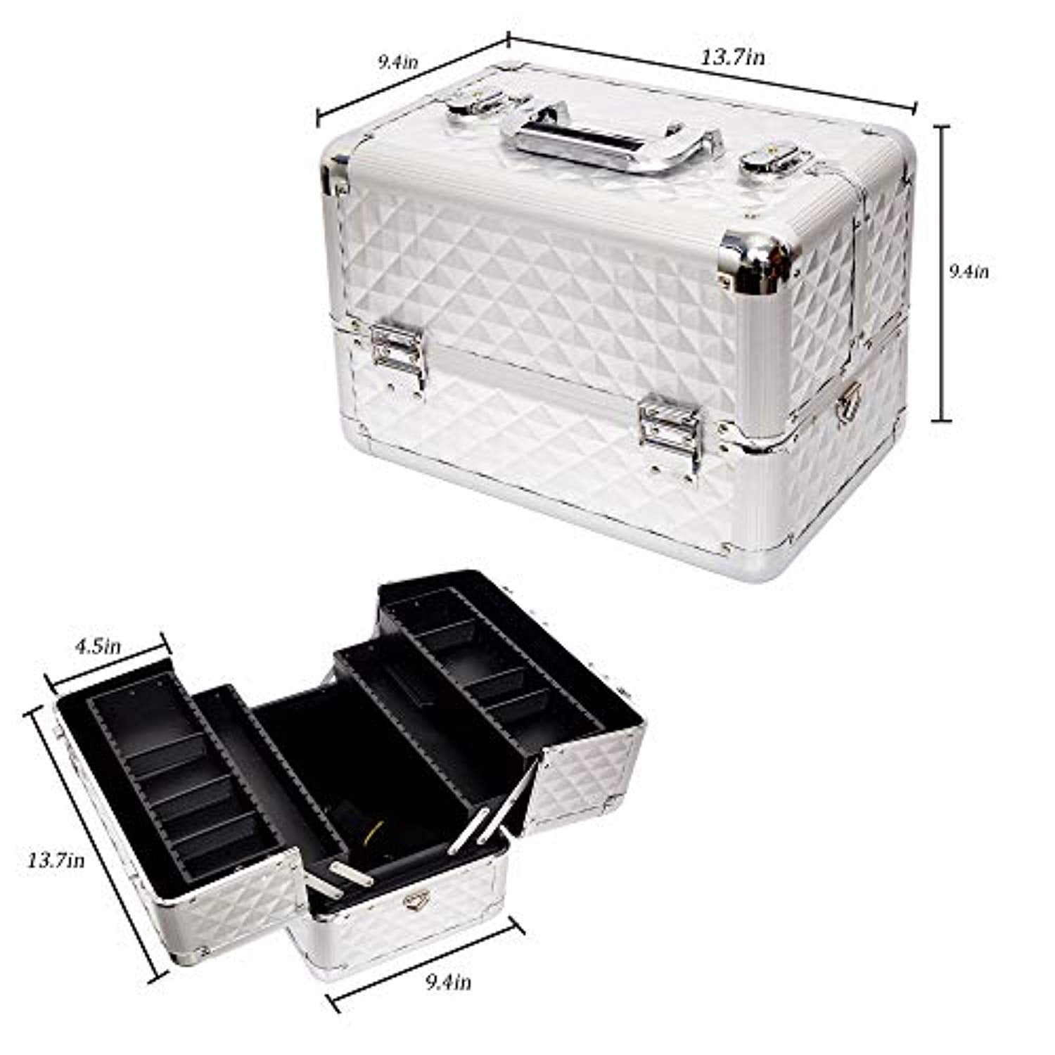 Bosonshop Professional Makeup Train Case with 4 Sliding Trays and Adjustable Dividers with 2 Lock&Keys,Silver