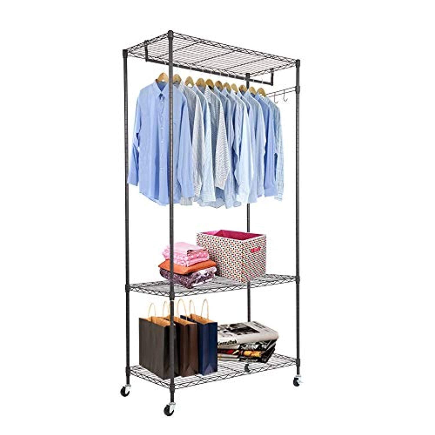 Bosonshop 3-Tier Portable Wire Shelving Garment Rack with Wheels, Black