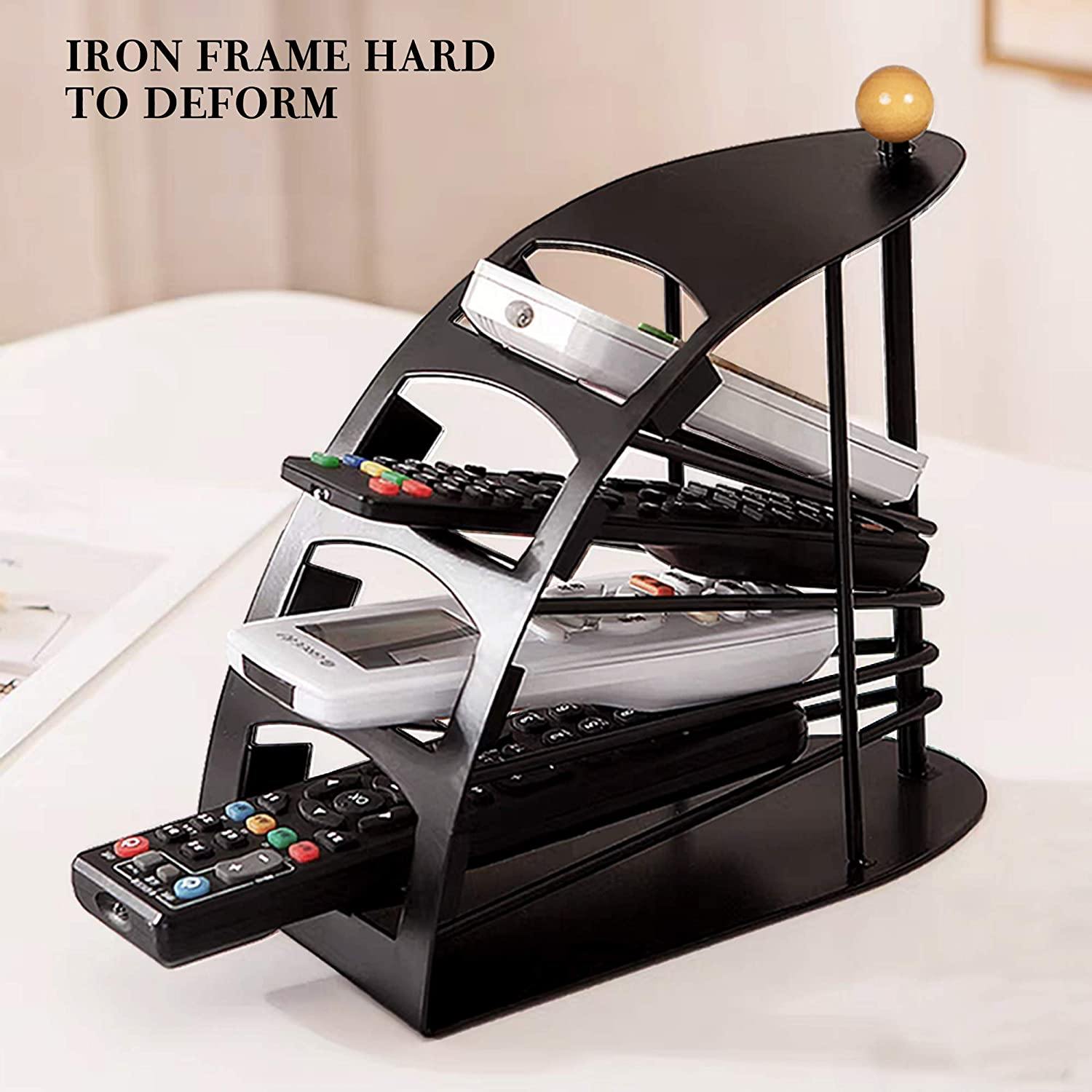 Multi Remote Control Organizer Metal TV Remote Control Holder with 4 Compartments, Space Saving Black Remote Control Tidy Remote Caddy - Bosonshop