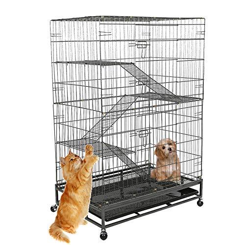 Bosonshop Cat Dog Crate Folding Large Metal Cage, Removeable Leak-Proof Tray, Climbing Ladders, 4 Wheels