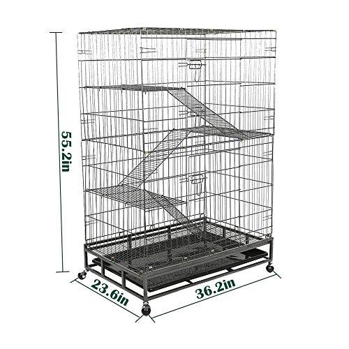 Bosonshop Cat Dog Crate Folding Large Metal Cage, Removeable Leak-Proof Tray, Climbing Ladders, 4 Wheels