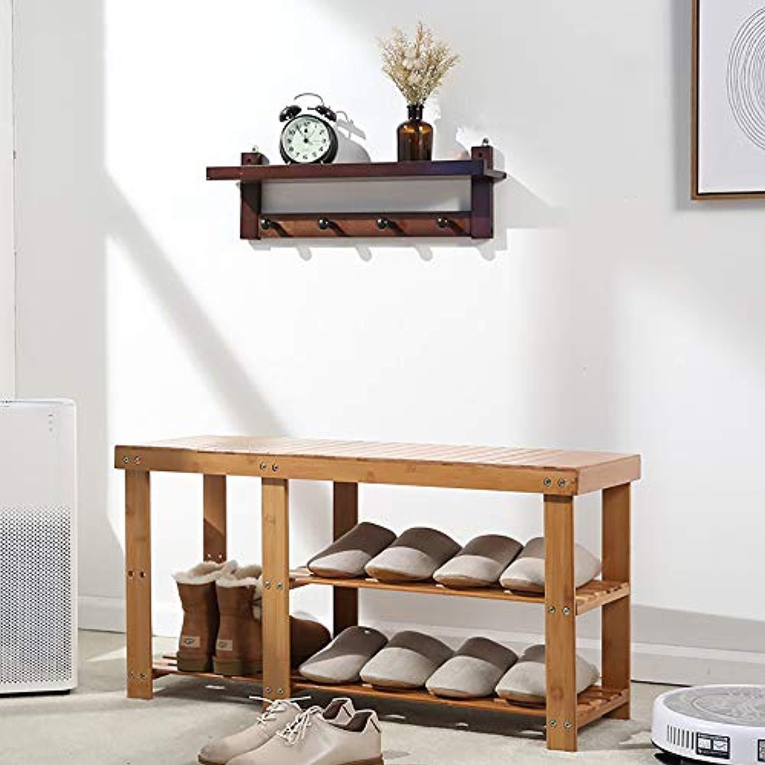 Bosonshop Natural Bamboo Shoe Bench 2-Tier Boot Storage Racks Shelf Footwear Organizer Seat