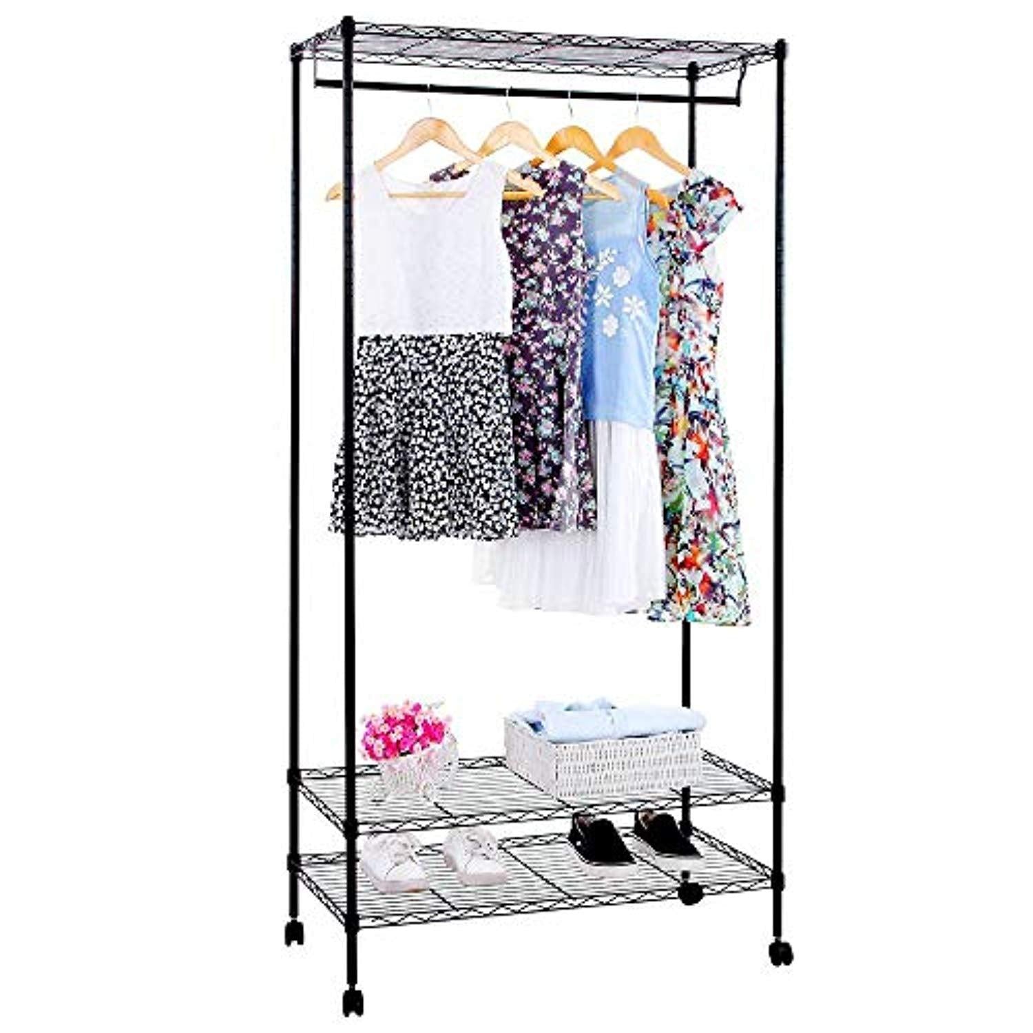 Bosonshop Garment Rack with Top and Bottom Shelves with Wheels,Black (72 inch)