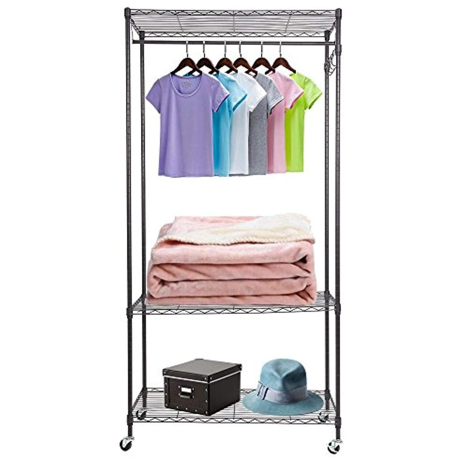 Bosonshop 3-Tier Portable Wire Shelving Garment Rack with Wheels, Black