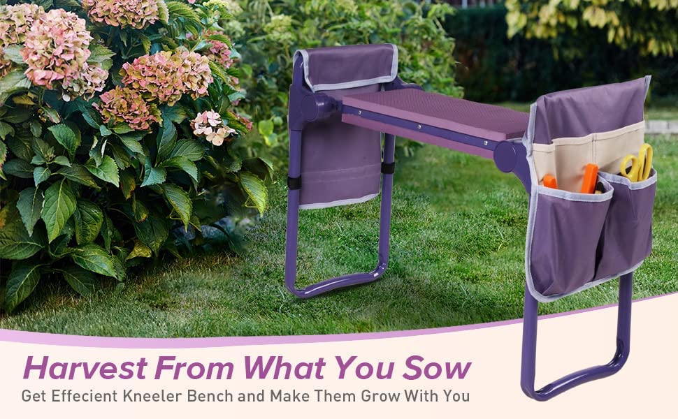 Garden Kneeler Widen Seat Bench Folding Gardening Stools with EVA Foam Kneeling Pad and 2 Tool Pouch, Purple