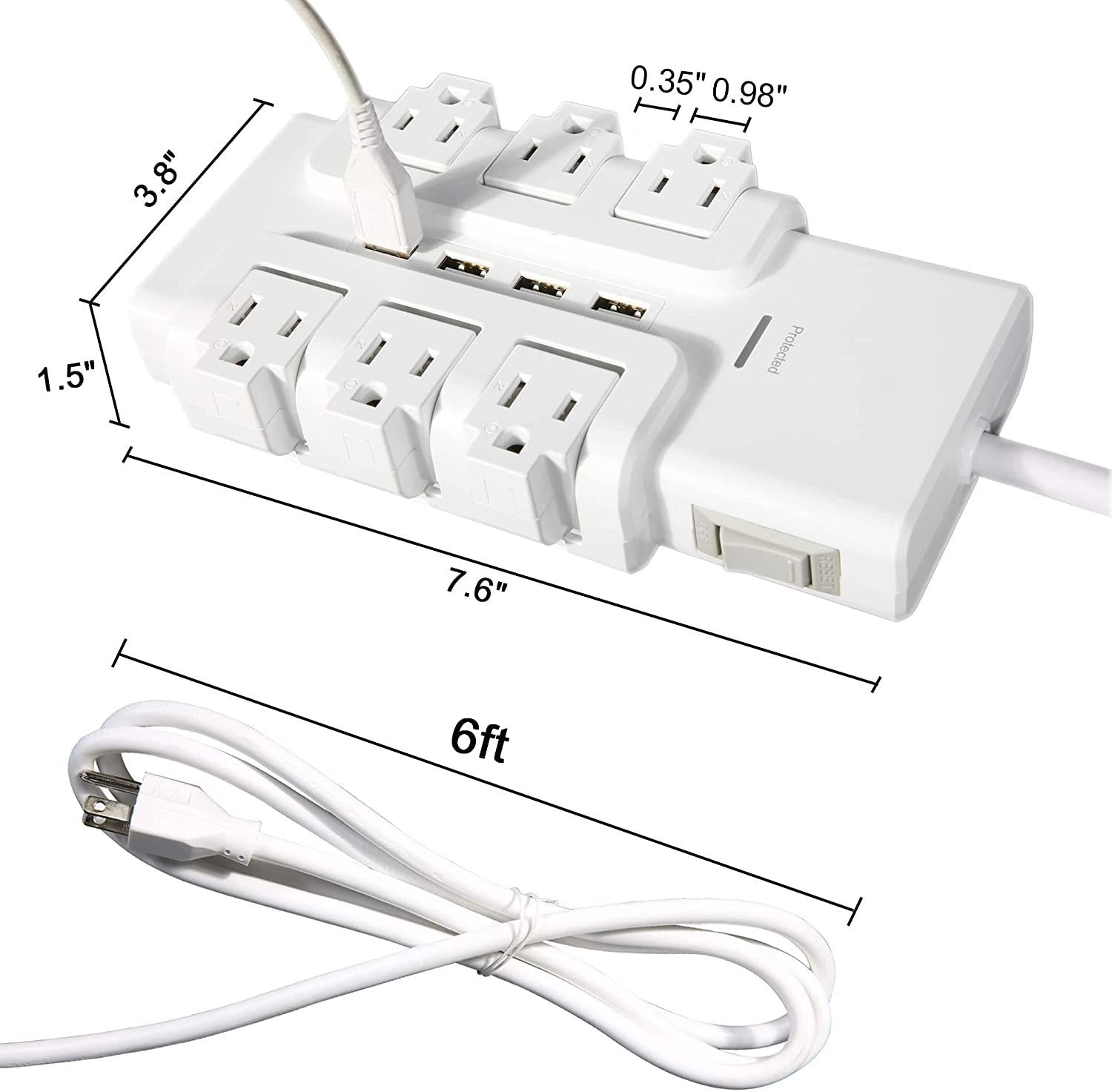 6 Outlets Extender Rotating Power Strip Surge Protector with 4 USB Ports and 6ft Heavy Duty Extension Cord Wall Mount for Home Office - Bosonshop