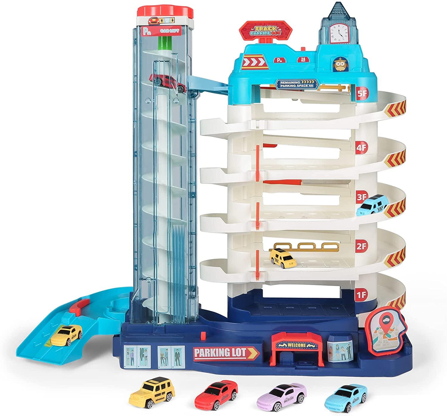 5-Level Parking Garage Toy Play Set - Kids Electric & Manual Car Track Set with 8 Cars and 1 Road Map - Toddlers Parking Lot Toys for 3+ Years Old - Bosonshop