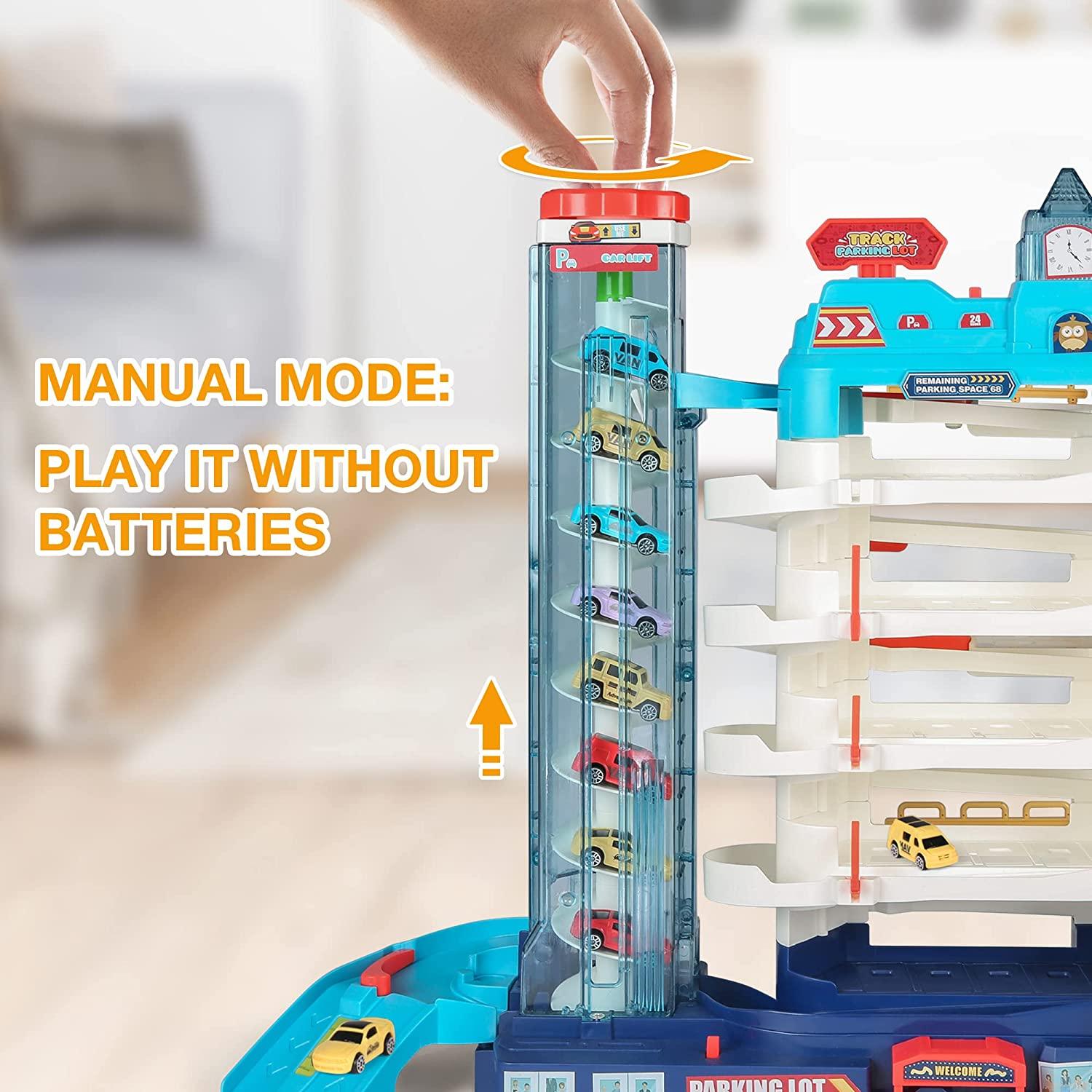 5-Level Parking Garage Toy Play Set - Kids Electric & Manual Car Track Set with 8 Cars and 1 Road Map - Toddlers Parking Lot Toys for 3+ Years Old - Bosonshop