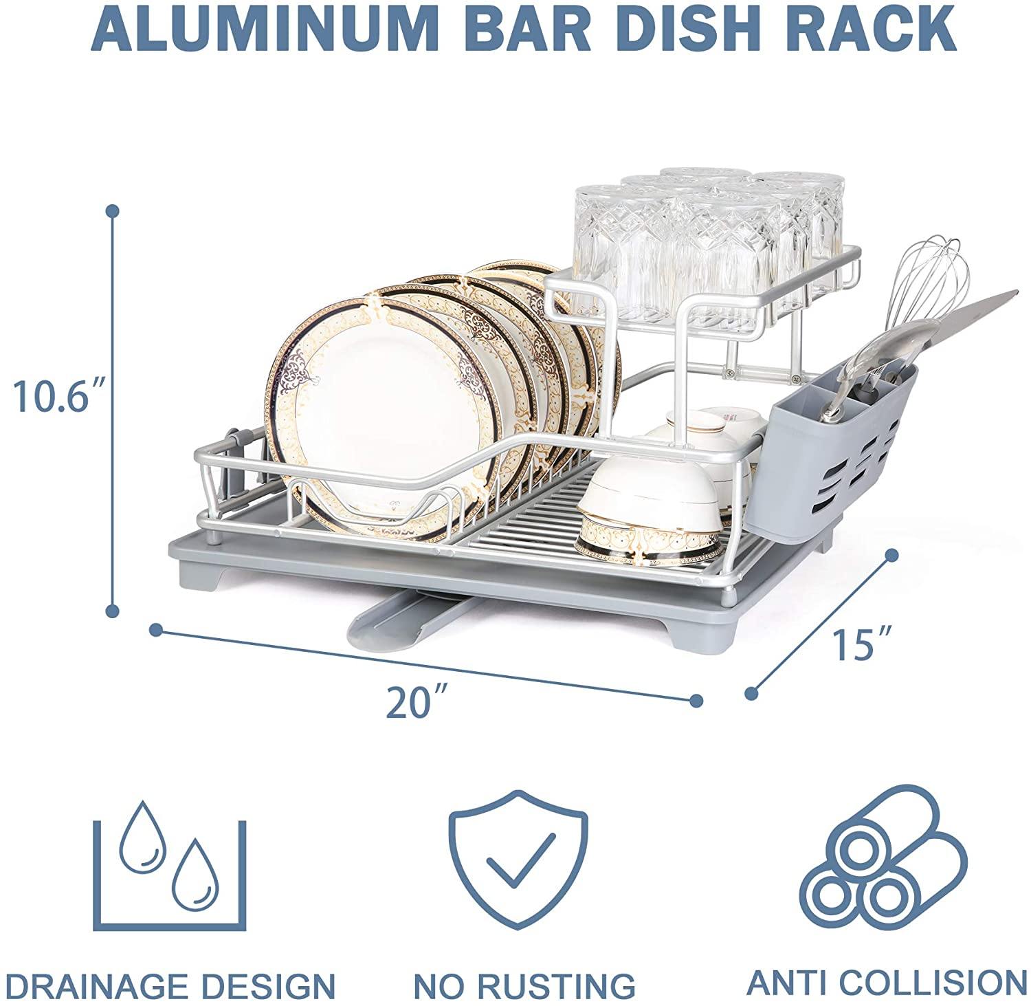 Dish Drying Rack with 360° Swivel Drain Board and Drain Spout, Grey (21” x 15” x 10.6”) - Bosonshop
