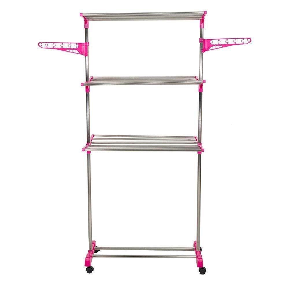 Bosonshop 3-Tier Foldable Rolling Clothes Drying Rack Stainless Steel Garment Rack with Wheels