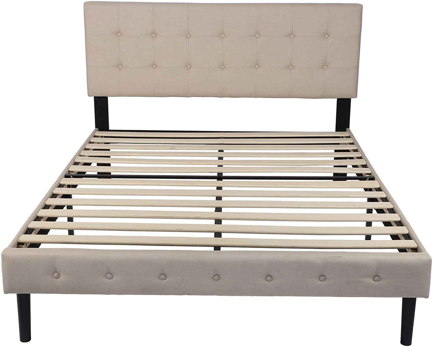 14 Inch Upholstered Platform Bed Frame with Headboard Mattress Foundation with Wood Slat Support No Box Spring Needed Beige (Full) - Bosonshop