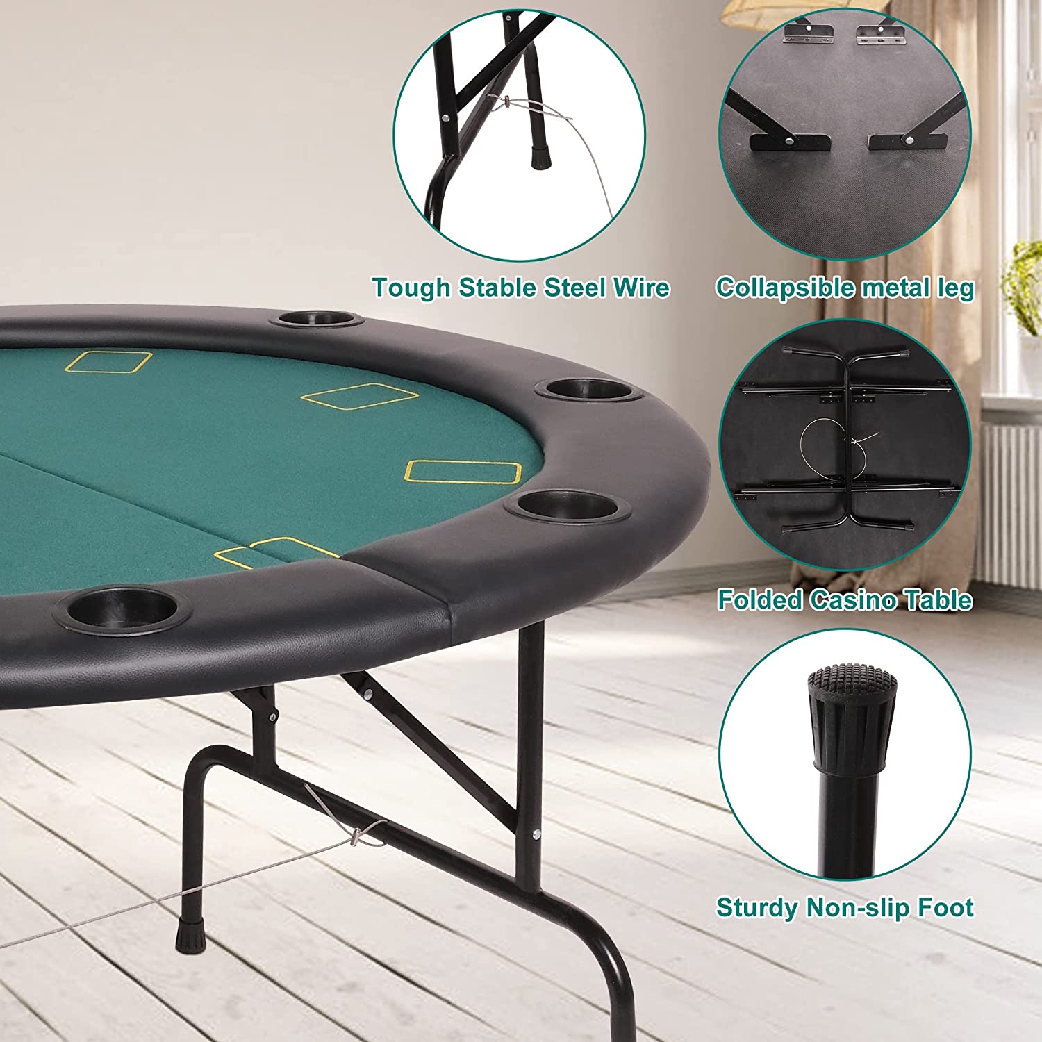 Poker Table Folding Casino Poker Table 8 Players Round Card Table with 8 Plastic Cup Holder Casino-Grade Felt Surface for Blackjack