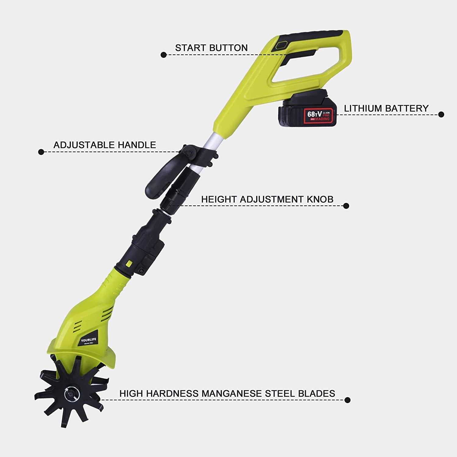 20V Cordless Electric Garden Tiller/Cultivator Height Adjustable with 2.0 Ah Lithium Battery and Charger -Chartreuse - Bosonshop
