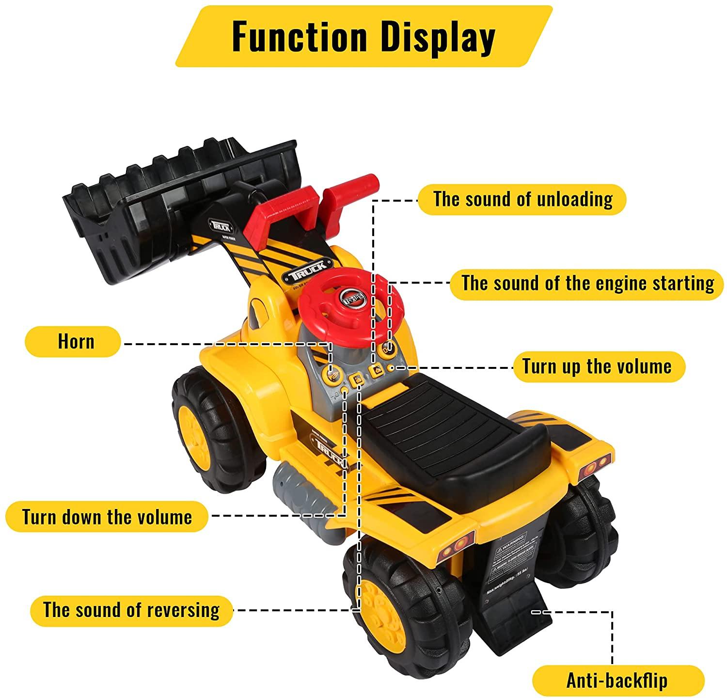 Kids Toddlers Ride-on Bulldozer Toy with Simulated Sounds Boys Construction Truck Vehicle with Bucket, Steering Wheel, Helmet, Rocks - Bosonshop