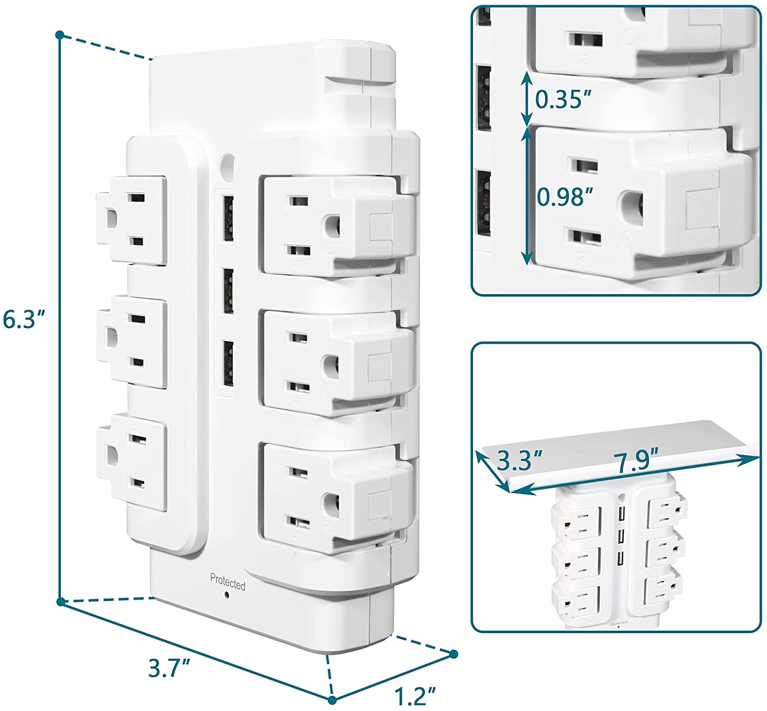 Power Strip Tower 6 Outlets 3 Usb with Removable Shelf Wall Mount for Home Office