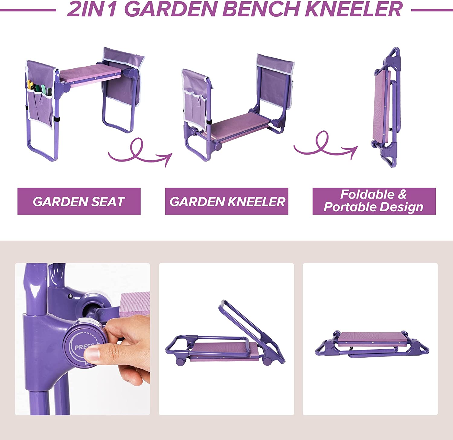 Garden Kneeler Widen Seat Bench Folding Gardening Stools with EVA Foam Kneeling Pad and 2 Tool Pouch, Purple