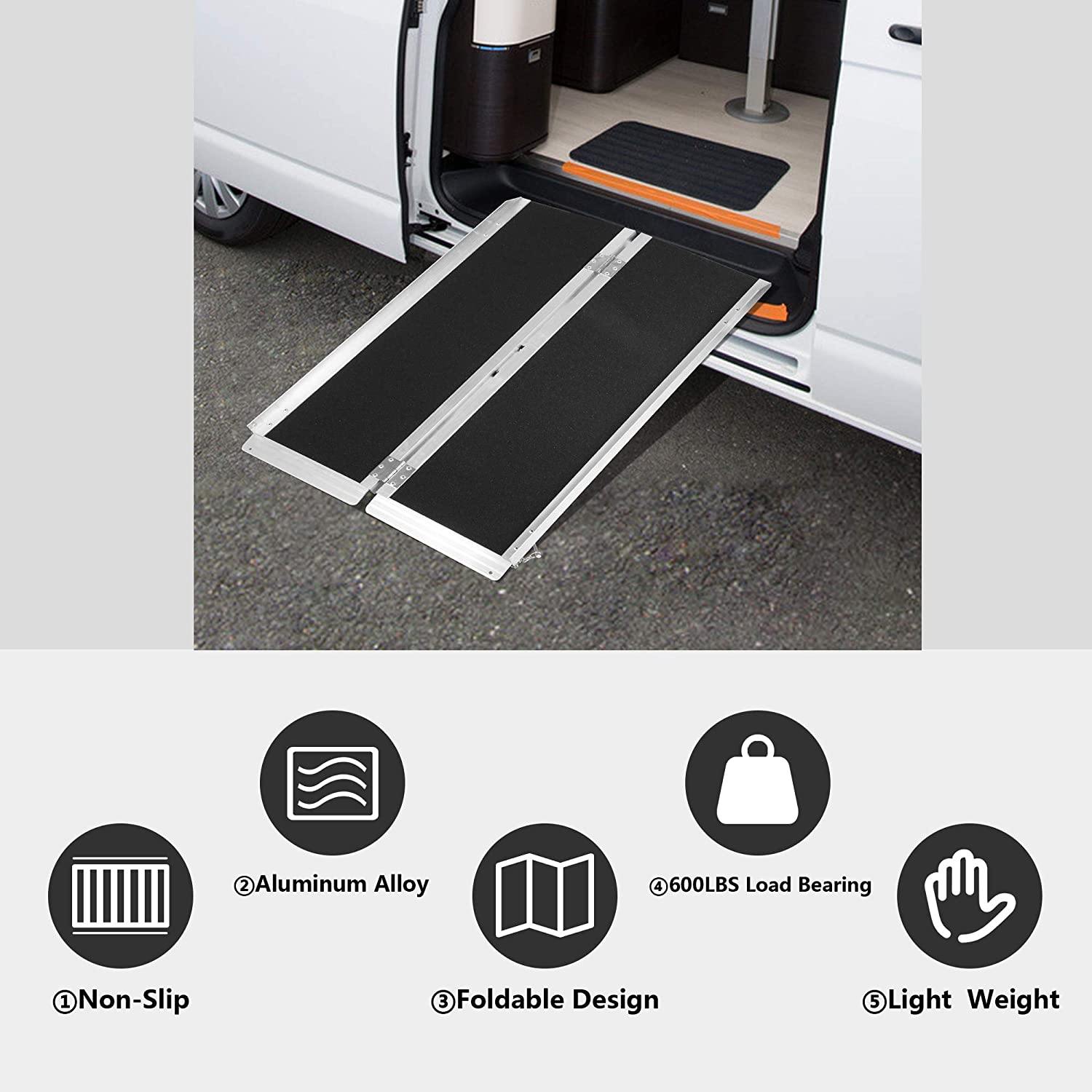3ft Wheelchair Ramp (20LBS), Aluminum Alloy Ramp, Single Fold Portable Handles & Anti-Slip Carpet for Doorways, Stairs, Mobility Scooter, Porch - Bosonshop