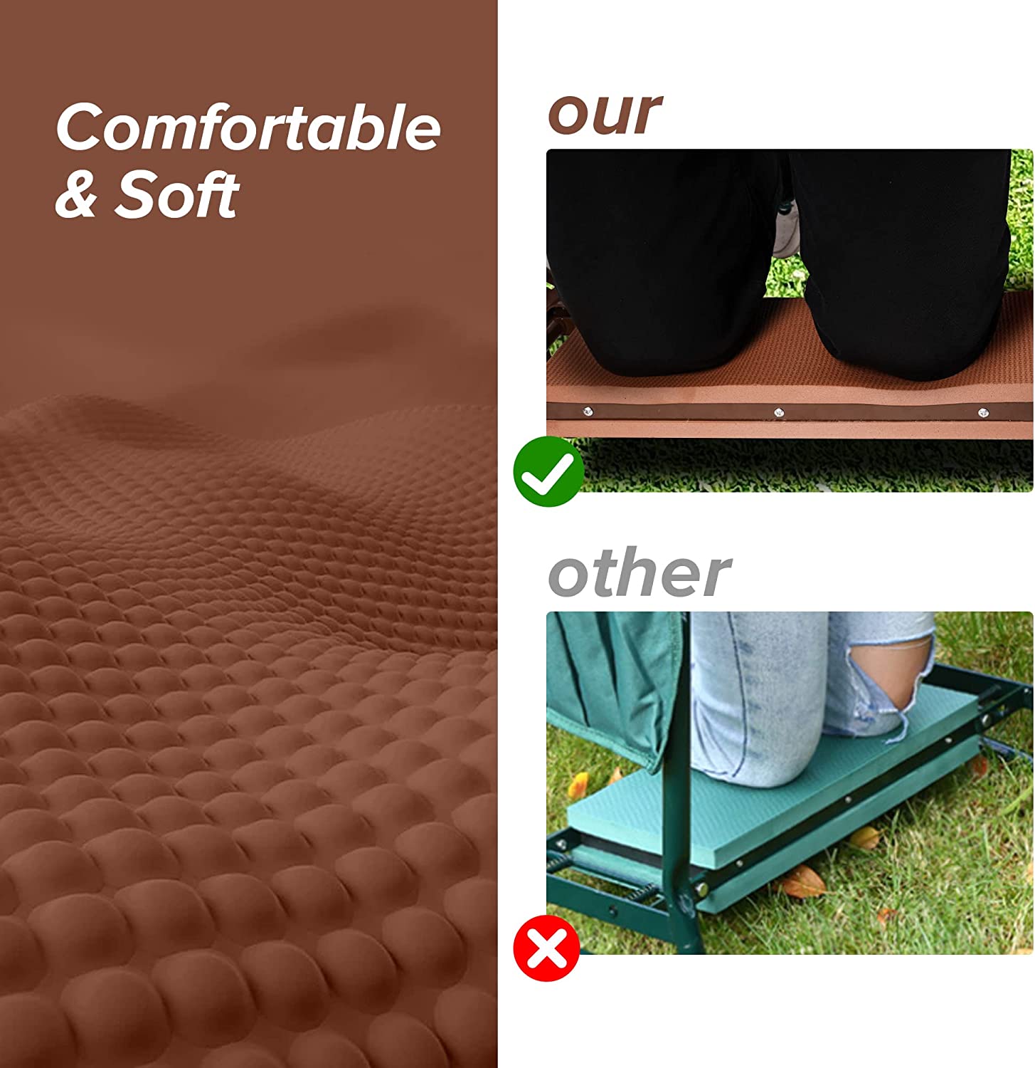 Widen Garden Kneeler Seat Bench Folding Garden Workseat with EVA Foam Pad and Dual Pouch, Brown