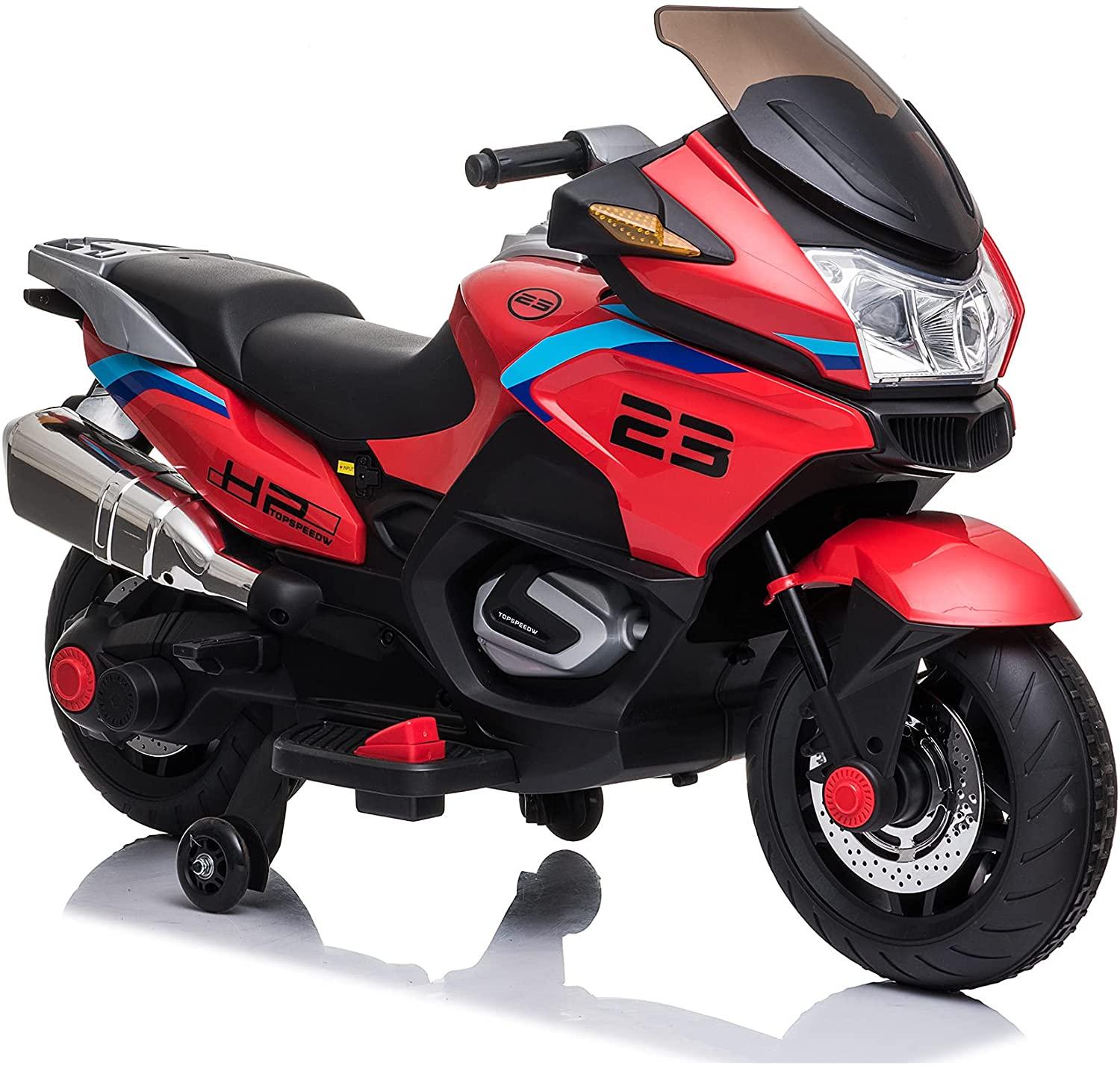 12V Electric Ride-On Motorcycle for Kids, with Training Wheels, LED Lights, Music, Red - Bosonshop