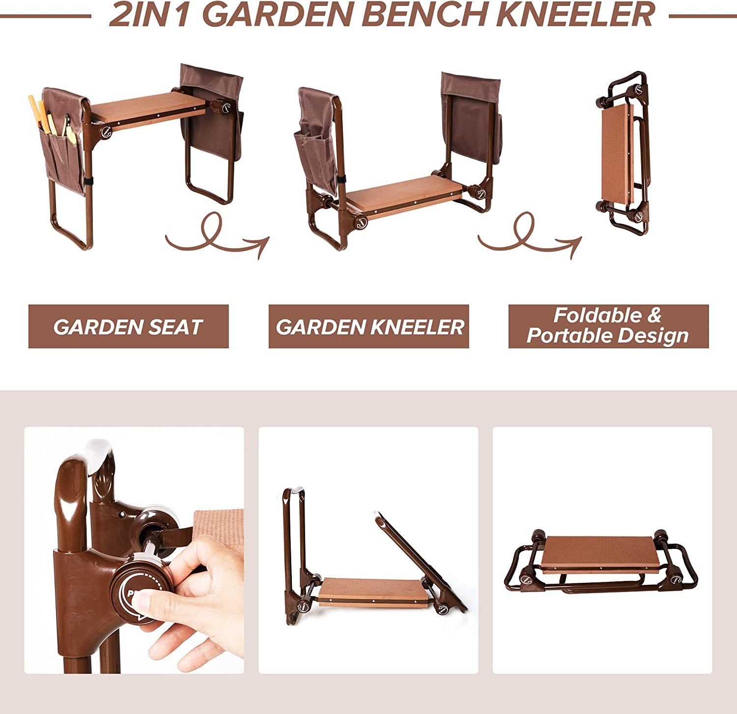 Widen Garden Kneeler Seat Bench Folding Garden Workseat with EVA Foam Pad and Dual Pouch, Brown