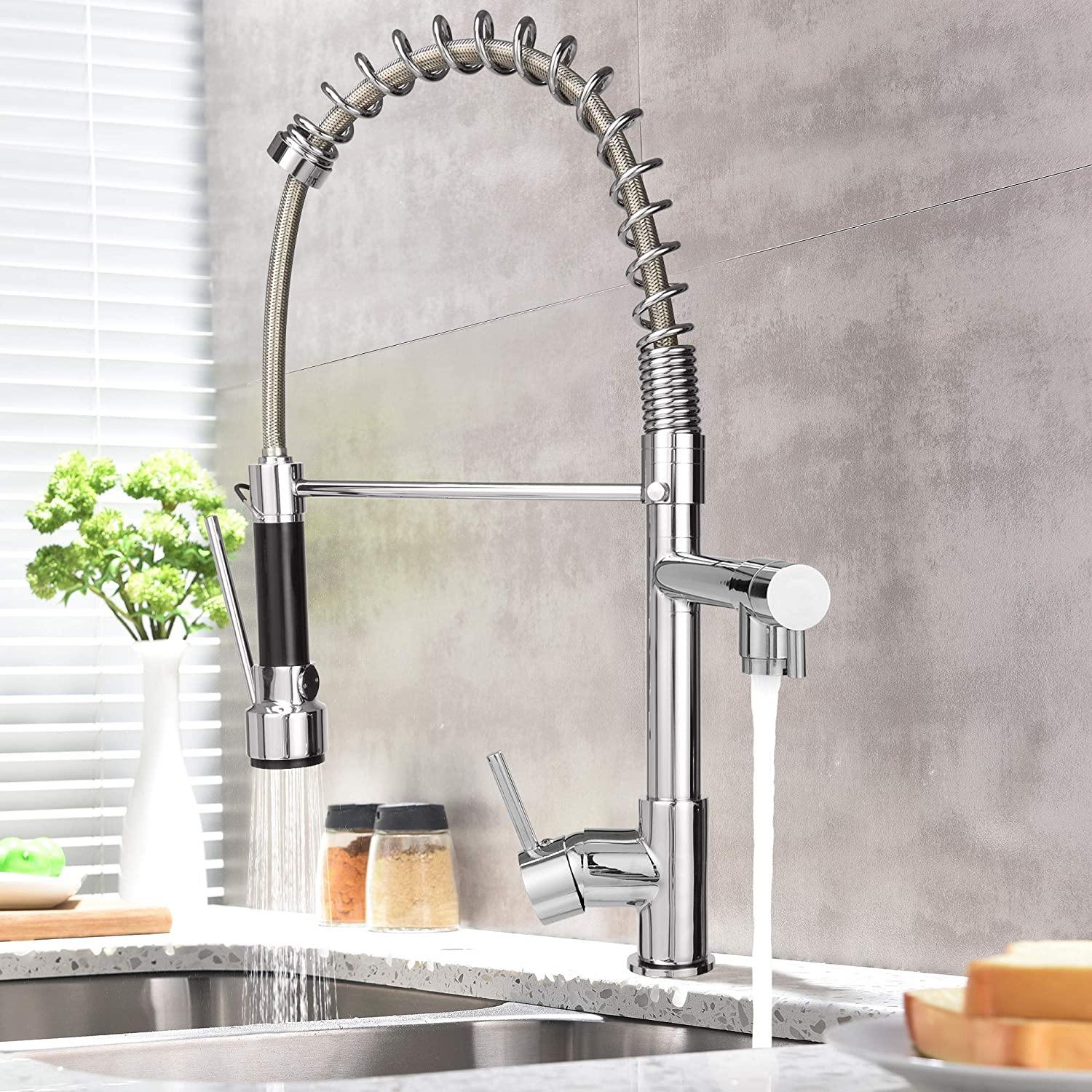 Single-Handle Pull-Down Sprayer Kitchen Faucet, High Arc Stainless Steel, 360 Swivel Single Handle Single Hole Spring Sink Faucet, Chrome - Bosonshop