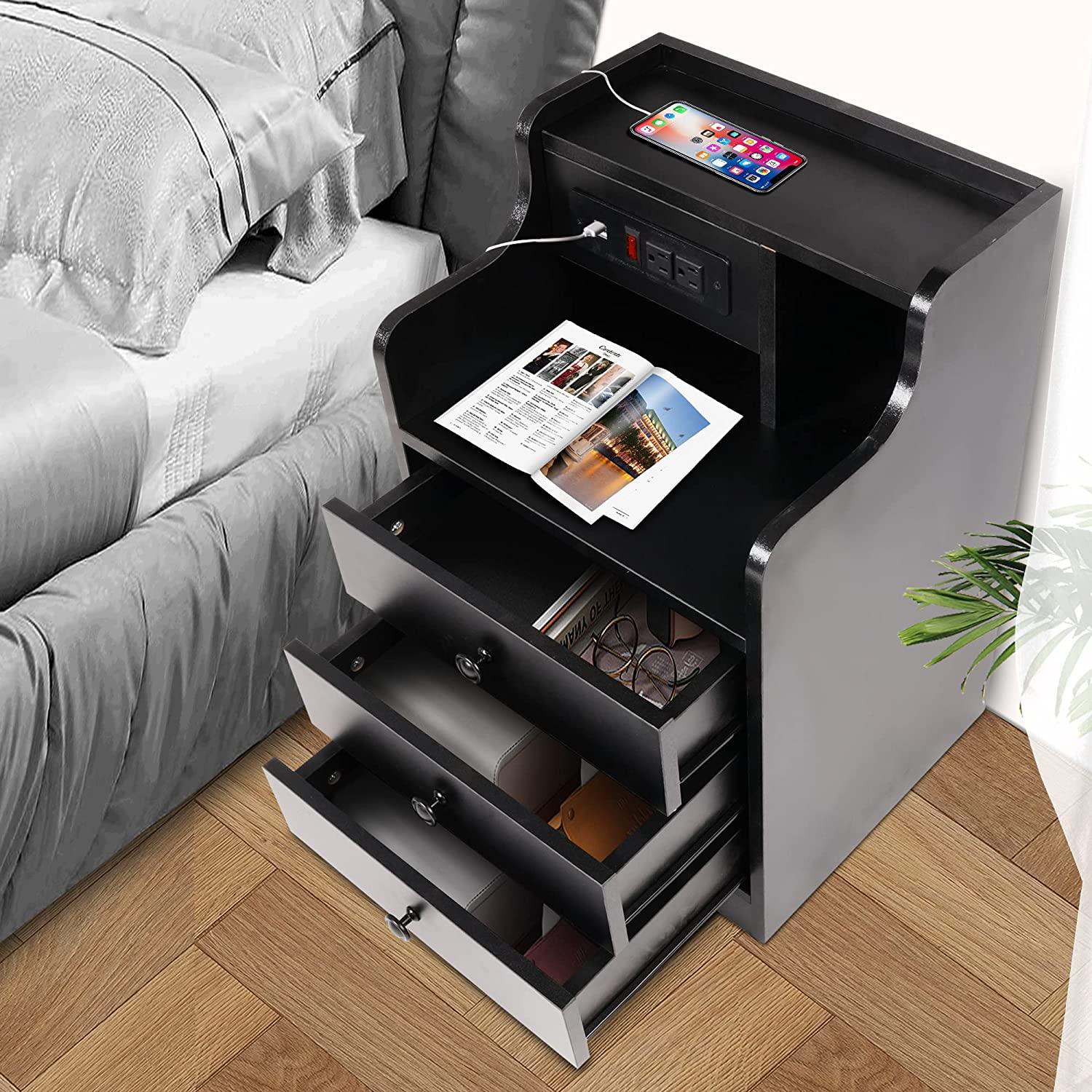 Nightstand with USB Charging Station Bedside Table 3 Drawers Storage Drawer End Side Table with Storage Wood Accent Table (Black 3 Drawers 2PC) - Bosonshop