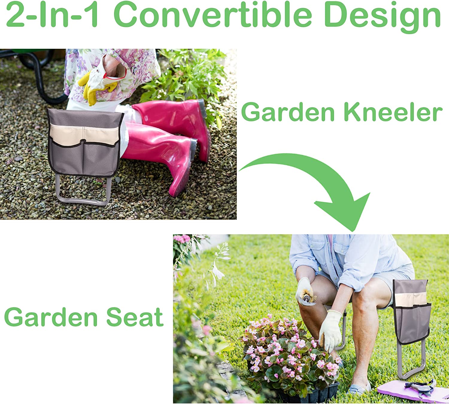 Garden Kneeler Seat Button Folding Gardening Stool with 2 Tool Pouches and EVA Foam Pad