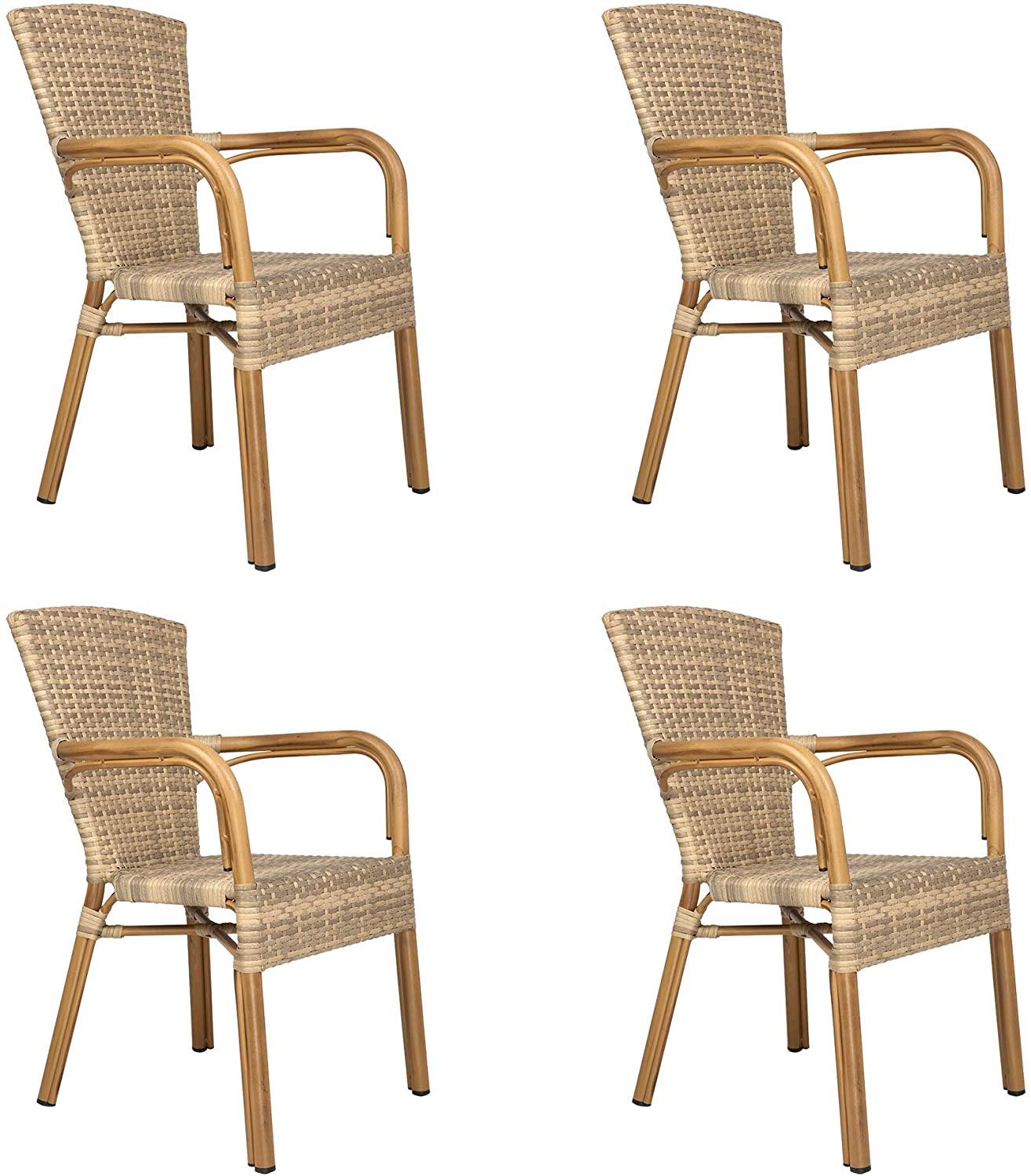 Patio Outdoor/Indoor Dining Chairs, Handmade PE Rattan Wicker Chair with Aluminum Alloy Frame, Set of 4, Black and Beige - Bosonshop